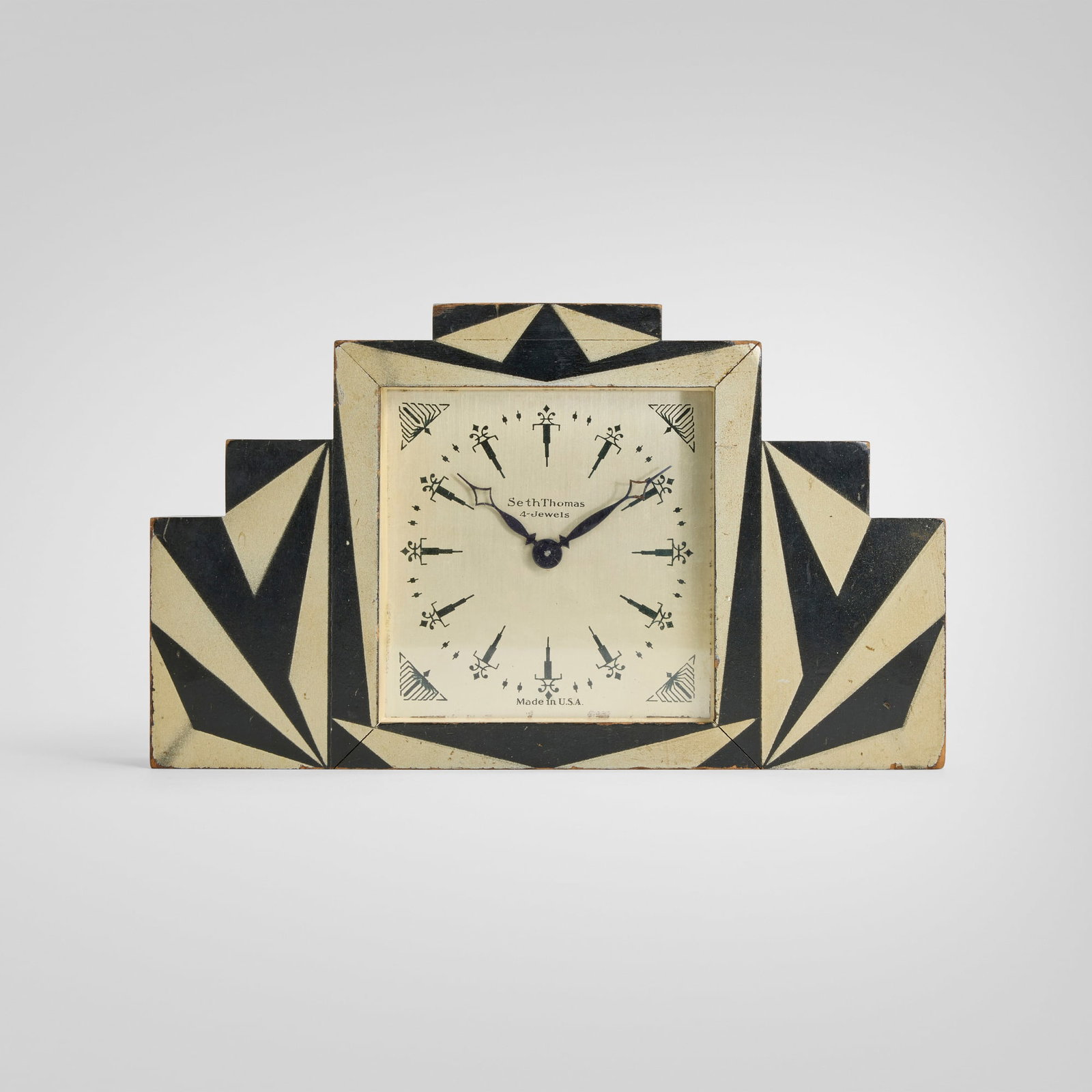 Seth Thomas Clock Company, Sutton mantel clock: Seth Thomas Clock Company Sutton mantel clock USA, c. 1928painted wood, glass 5.25 h x 9 w x 2.25 d in (13 x 23 x 6 cm) Painted manufacturer's mark to face 'Seth Thomas Made in U.S.A'. <