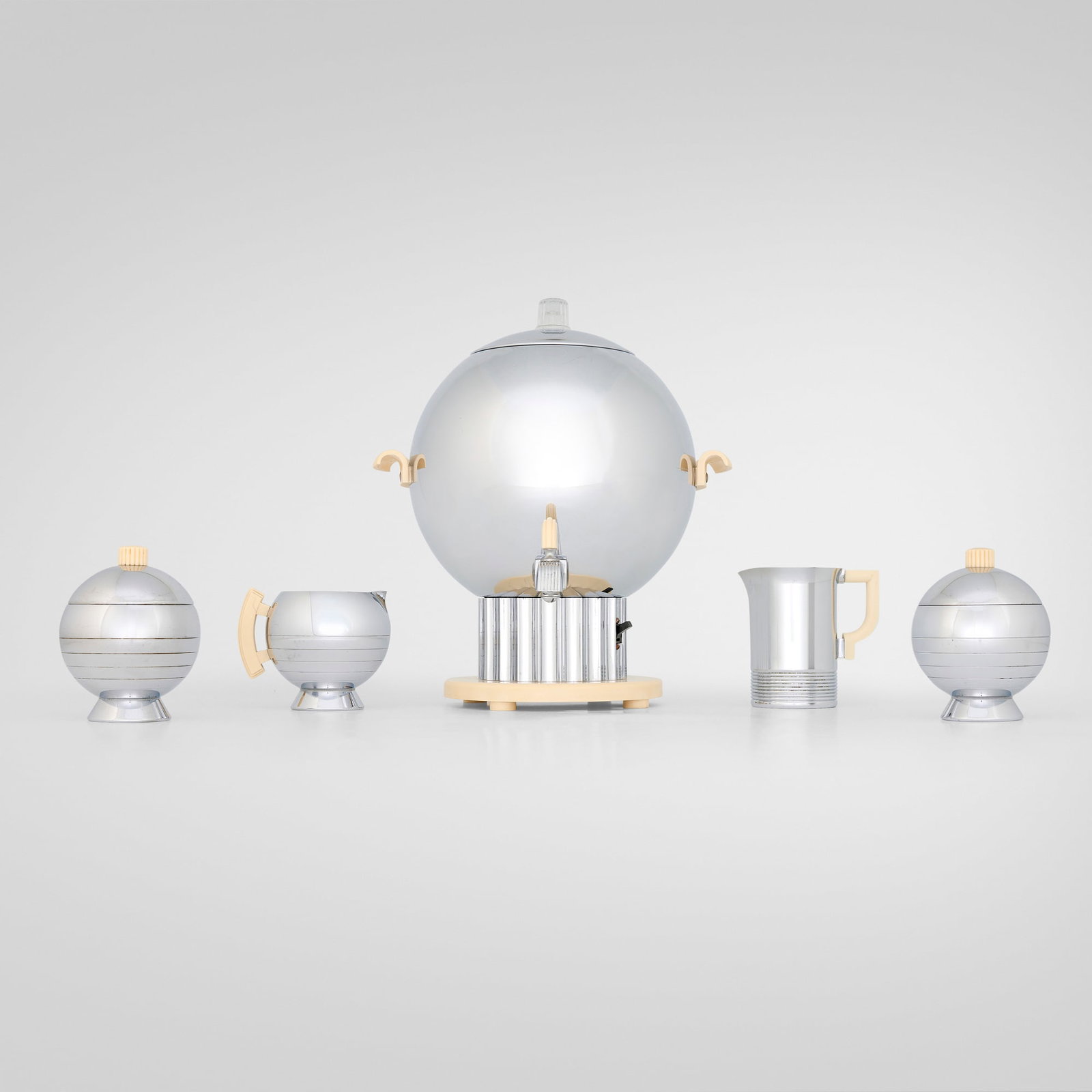 Walter von Nessen, Coronet coffee service: Walter von Nessen Coronet coffee service Chase Brass & Copper Co. USA, 1938 chrome-plated brass, Bakelite, aluminum, glass largest: 12.5 h x 10.5 w x 10 d in (32 x 27 x 25 cm) smallest: 3.25 h x