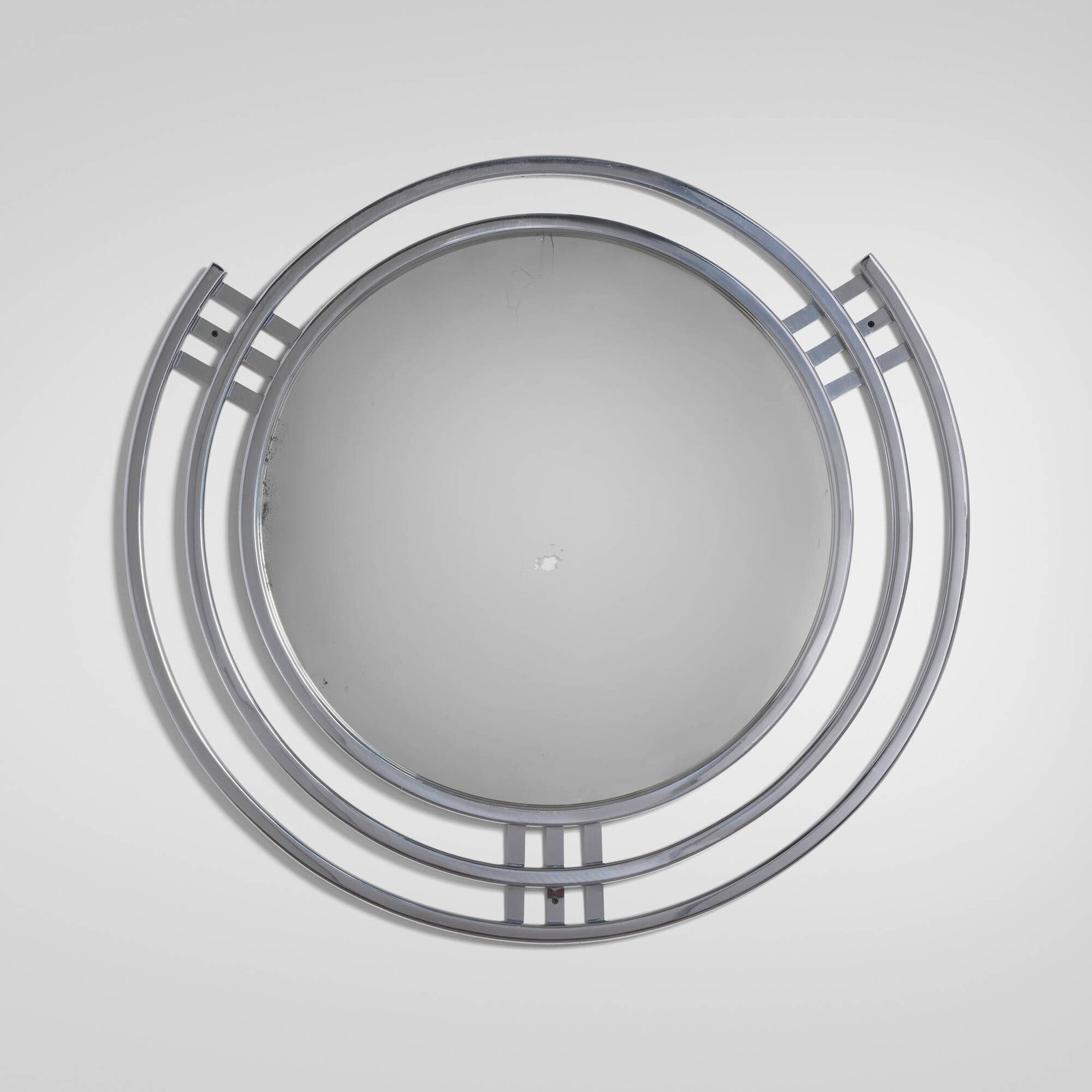 Art Deco, Wall mirror: Art Deco Wall mirror c. 1935 chrome-plated steel, mirrored glass 40 h x 42.75 w x 1 d in (102 x 109 x 3 cm) Provenance: Private Collection This work will ship from Chicago, Illinois.
