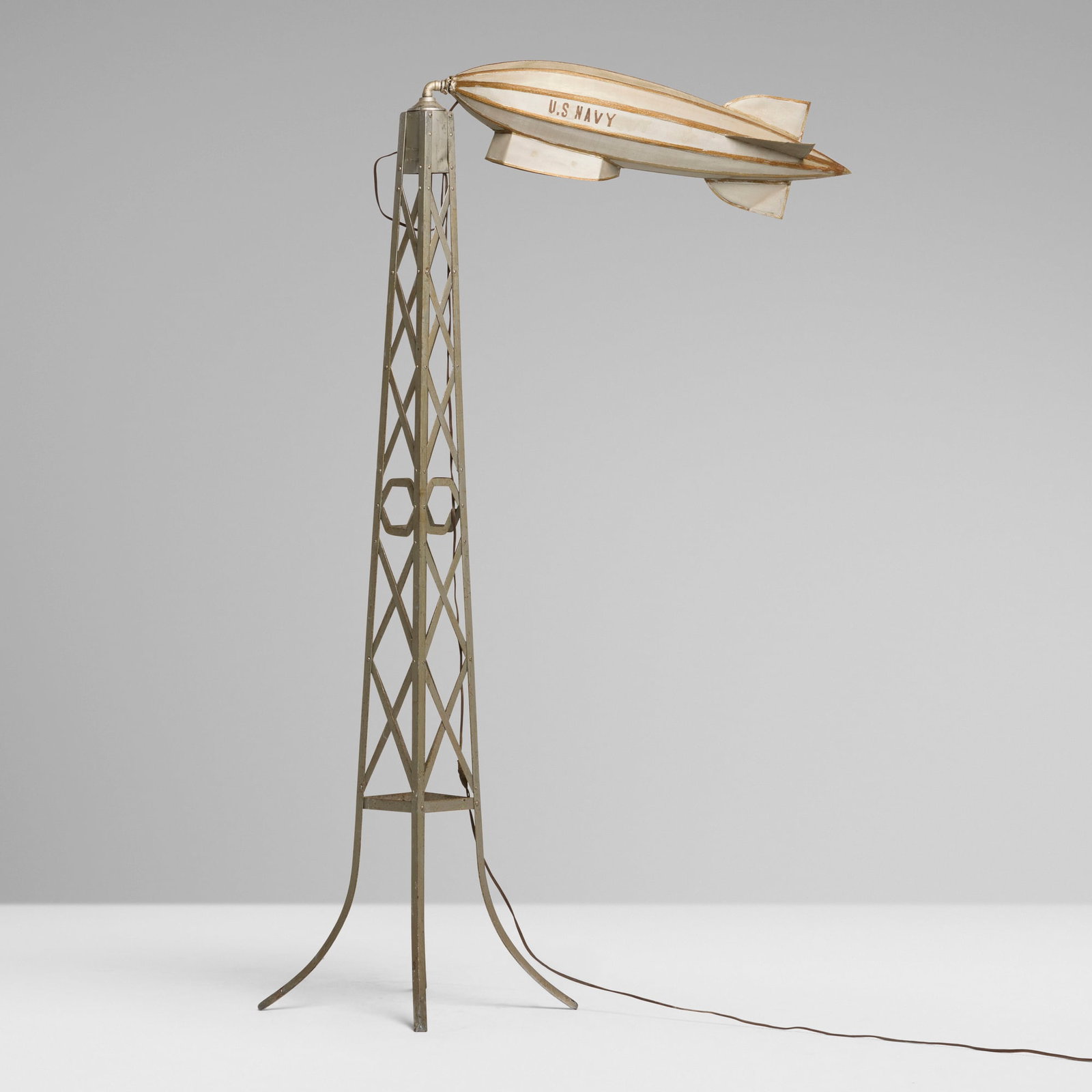 Lorenzo Cecio and Salvatore Buonamano, Zeppelin floor lamp: Lorenzo Cecio and Salvatore Buonamano Zeppelin floor lamp USA, 1931 painted mesh steel, painted steel 59.5 h x 39.5 w x 14.75 d in (151 x 100 x 37 cm) Impressed manufacturer's mark to top of the
