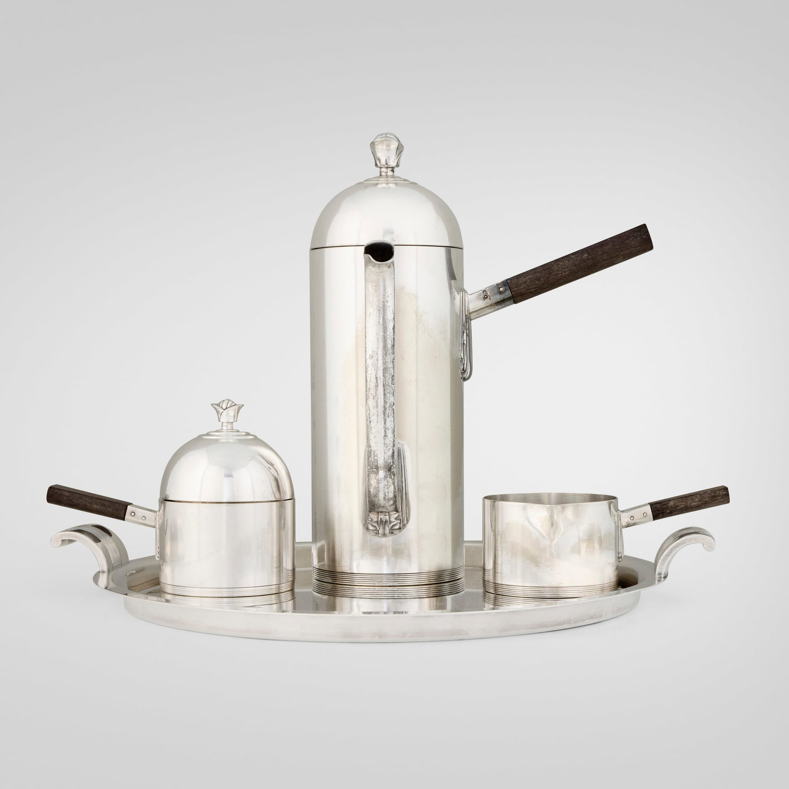 Lurelle Guild, His Royal Highness coffee service: Lurelle Guild His Royal Highness coffee service International Silver Company USA, 1934 silver-plated metal, ebony largest: 12 h x 9 w x 6.5 d in (30 x 23 x 17 cm) smallest: 2.5 h x 6.25 w x 3.75 d