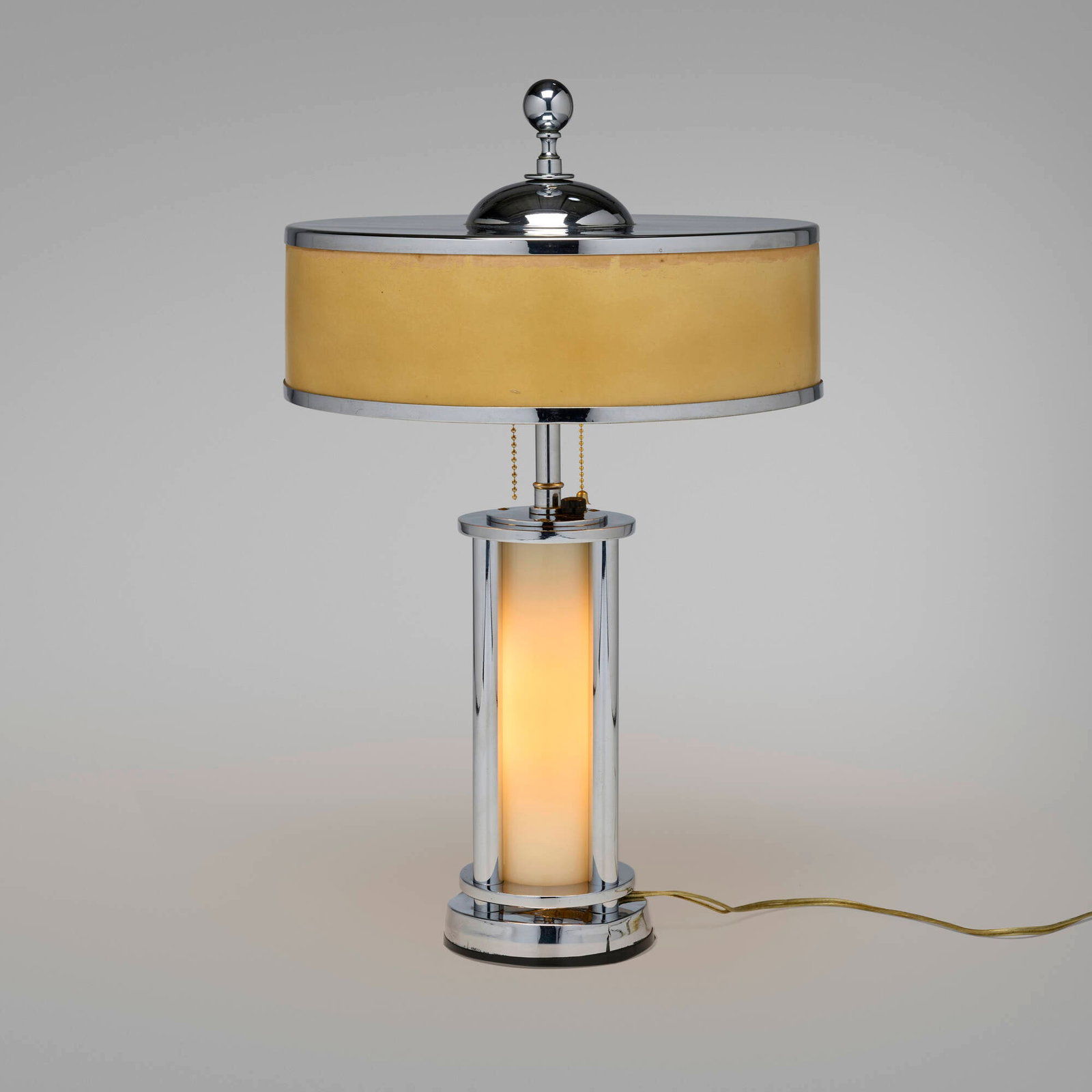 Gilbert Rohde, Table lamp: Gilbert Rohde Table lamp Mutual-Sunset Lamp Manufacturing CompanyUSA, c. 1934chrome-plated metal, opaline glass, painted parchment 21.5 h x 13 dia in (55 x 33 cm) This work