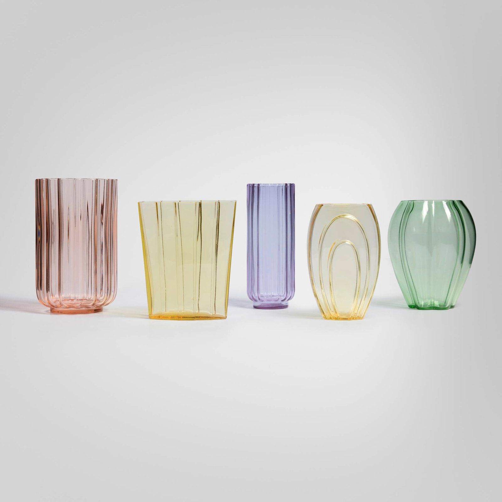 George Sakier, Collection of five vases: George Sakier Collection of five vases Fostoria Glass CompanyUSA, c. 1930-34mold-blown glass tallest: 9.75 h x 6.125 dia in (25 x 16 cm) shortest: 8 h x 5 w x 3.5 d in (20 x 13 x 9 cm)