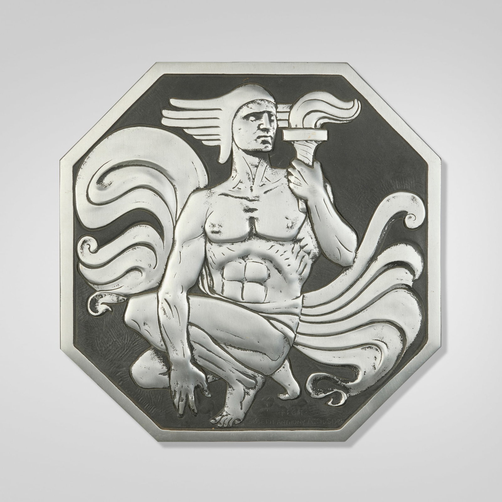 Joseph Anthony Atchison, Art Deco wall plaque with nude male holding a torch: Joseph Anthony Atchison Art Deco wall plaque with nude male holding a torch USA, c. 1945 cast aluminum 14.5 h x 14.75 w x 0.5 d in (37 x 37 x 1 cm) Impressed manufacturer's mark to lower right of