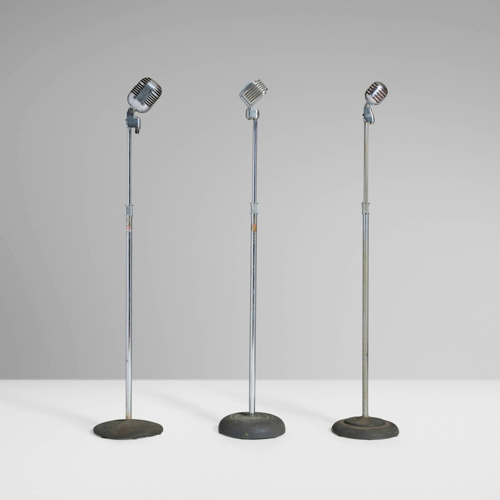 Modern, Floor microphones, set of three: Modern Floor microphones, set of three USA, c. 1945 chrome-plated metal, stainless steel, crackle-lacquered steel 45 h x 9.5 dia in (114 x 24 cm) 41 h x 10 dia in (104 x 25 cm) 40.5 h x 9.5 dia in