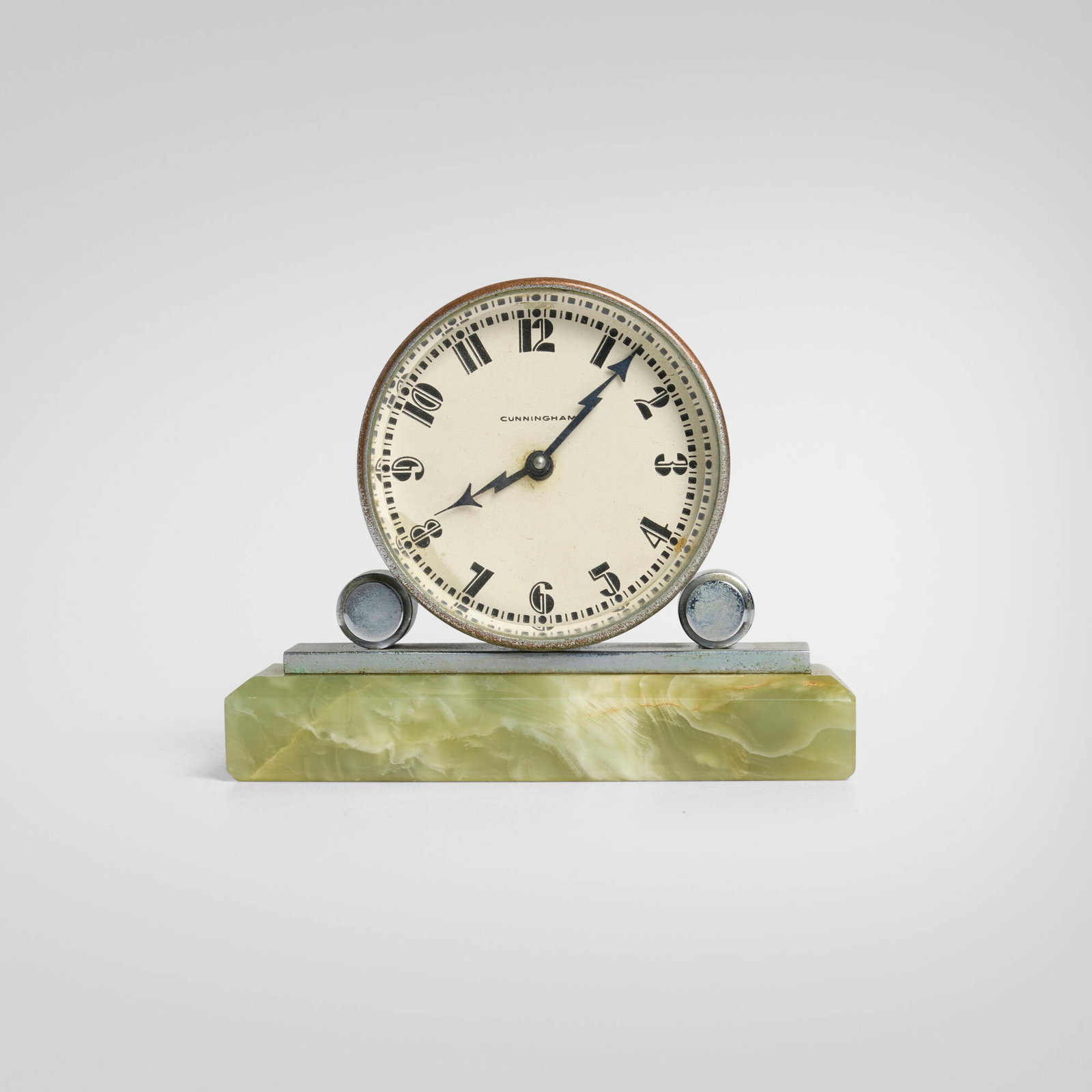 Cunningham Products Corporation, Table clock: Cunningham Products Corporation Table clock USA, c. 1935chrome-plated metal, onyx, glass 4 h x 5 w x 2.5 d in (10 x 13 x 6 cm) Impressed manufacturer's mark to reverse 'The Cunningham Products