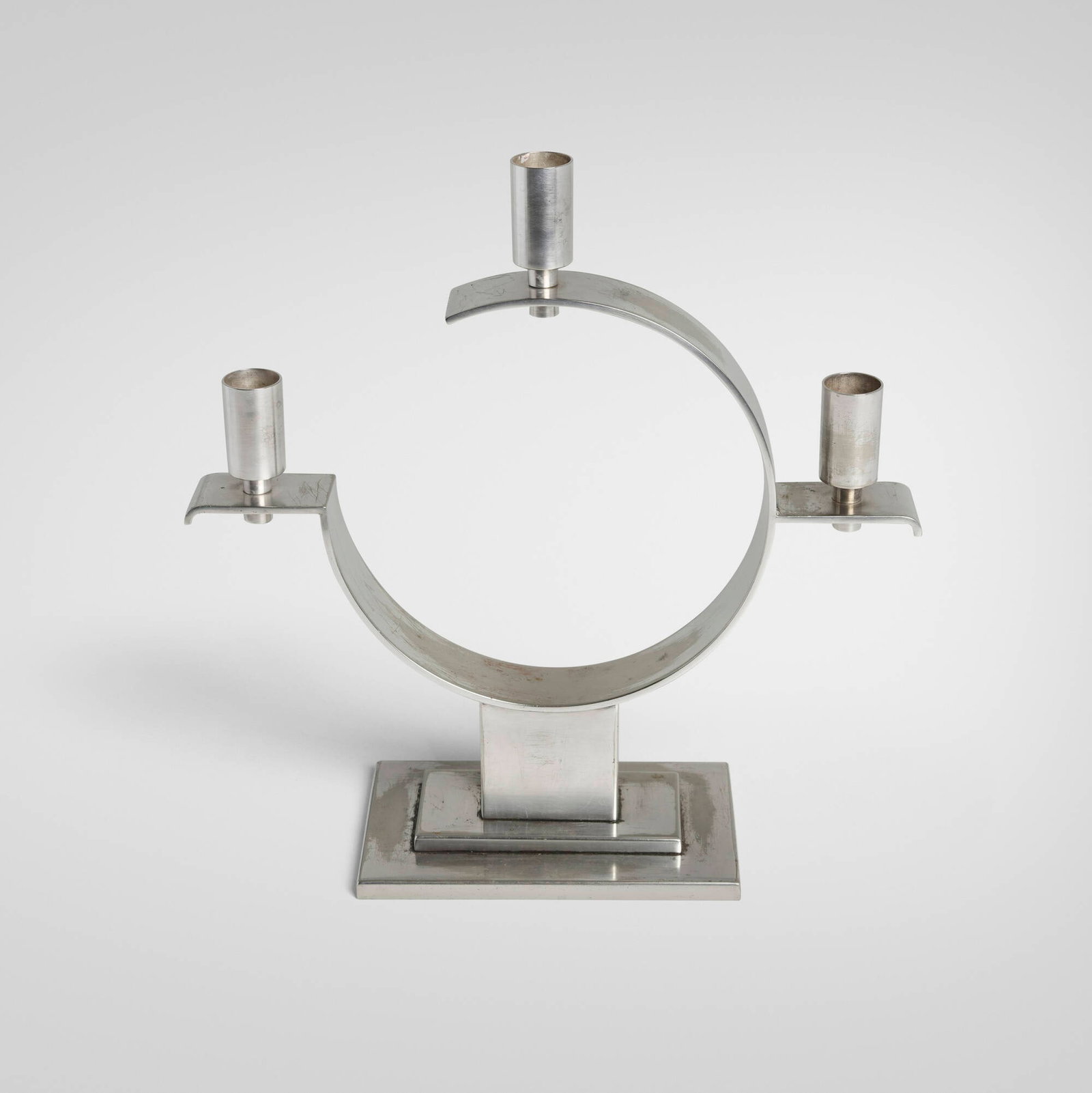 German, Art Deco candelabra: German Art Deco candelabra c. 1930chrome-plated metal 13.75 h x 13.25 w x 4.25 d in (35 x 34 x 11 cm) Impressed mark to lower edge 'Qualitat Schwerte'. Provenance: Priv