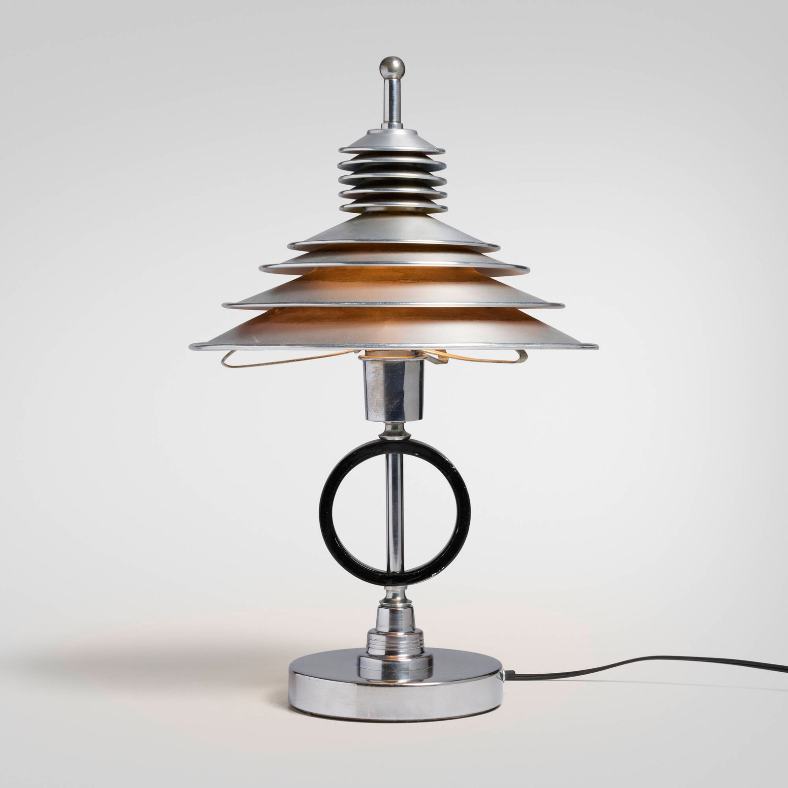 Machine Age, Table lamp: Machine Age Table lamp USA, c. 1935aluminum, enamel 17.5 h x 11.5 dia in (44 x 29 cm) Provenance: Depression Modern, NY | Acquired from the previous c. 1985 by the present own