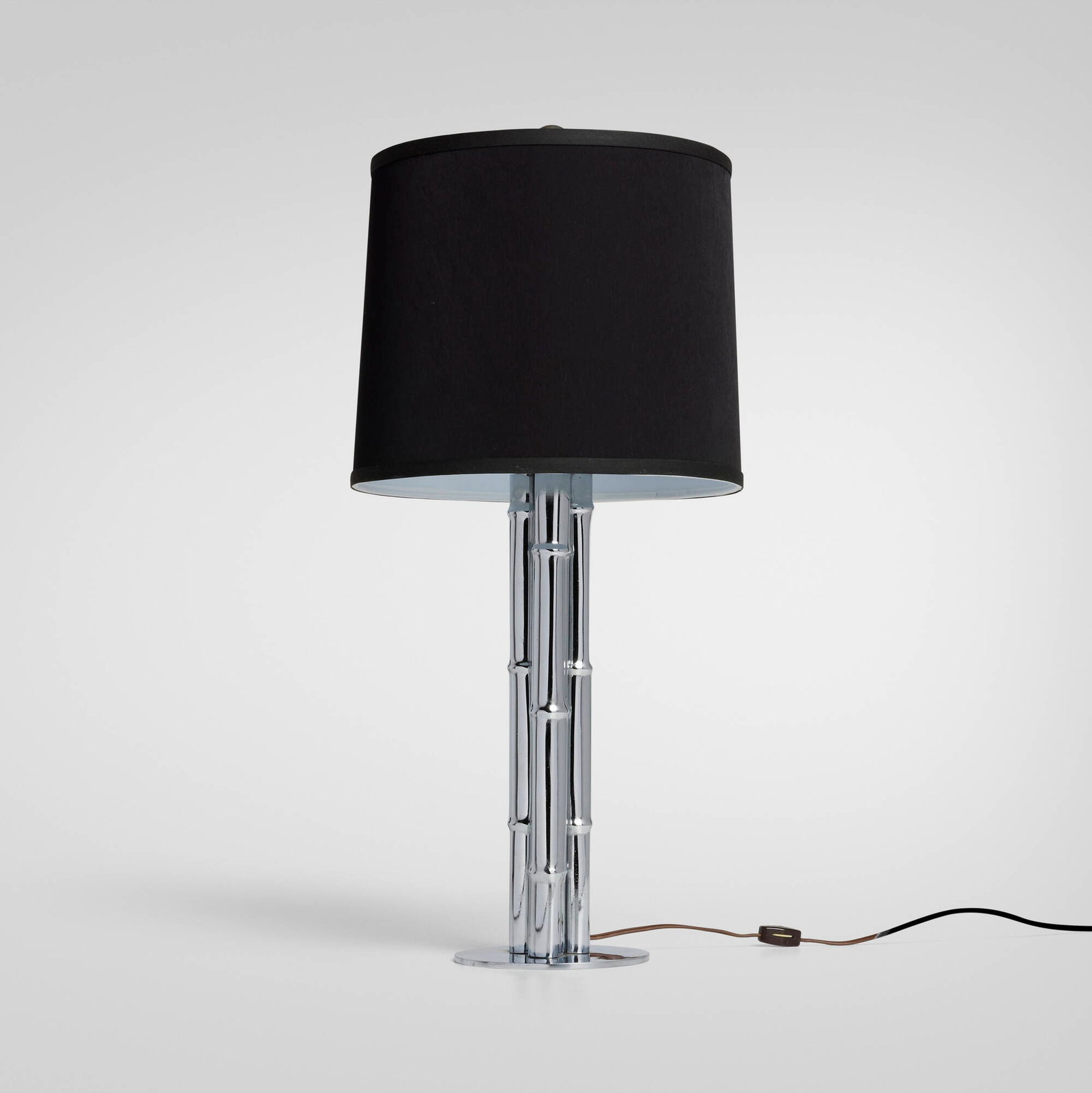 Modern, Table lamp: Modern Table lamp chrome-plated steel, linen shade 25.5 h x 12 dia in (65 x 30 cm) Provenance: Private Collection This work will ship from Chicago, Illinois.