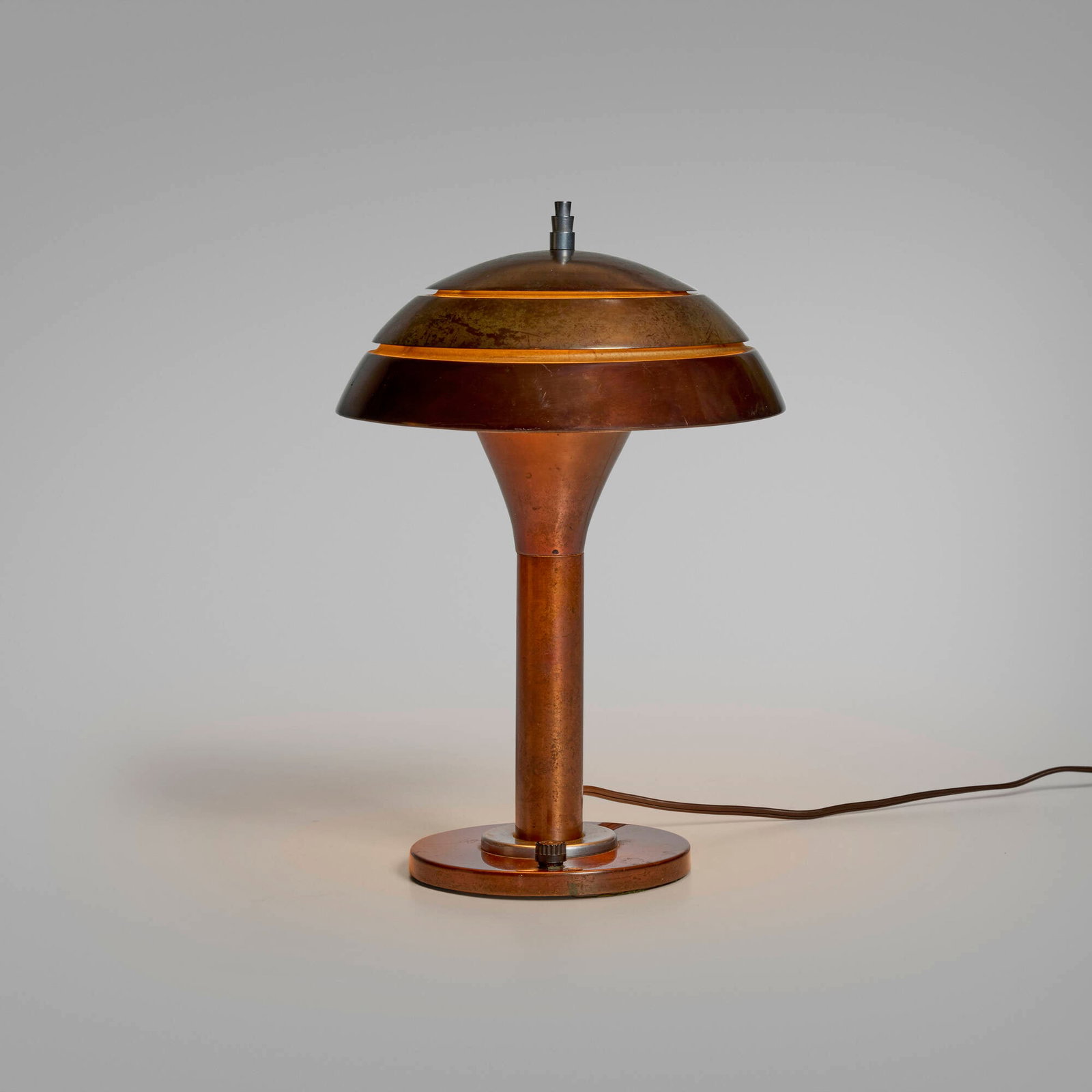 Machine Age, Table lamp: Machine Age Table lamp USA, c. 1935lacquered steel and aluminum, nickel-plated steel and brass 12.5 h x 8.5 dia in (32 x 22 cm) Provenance: Private Collection