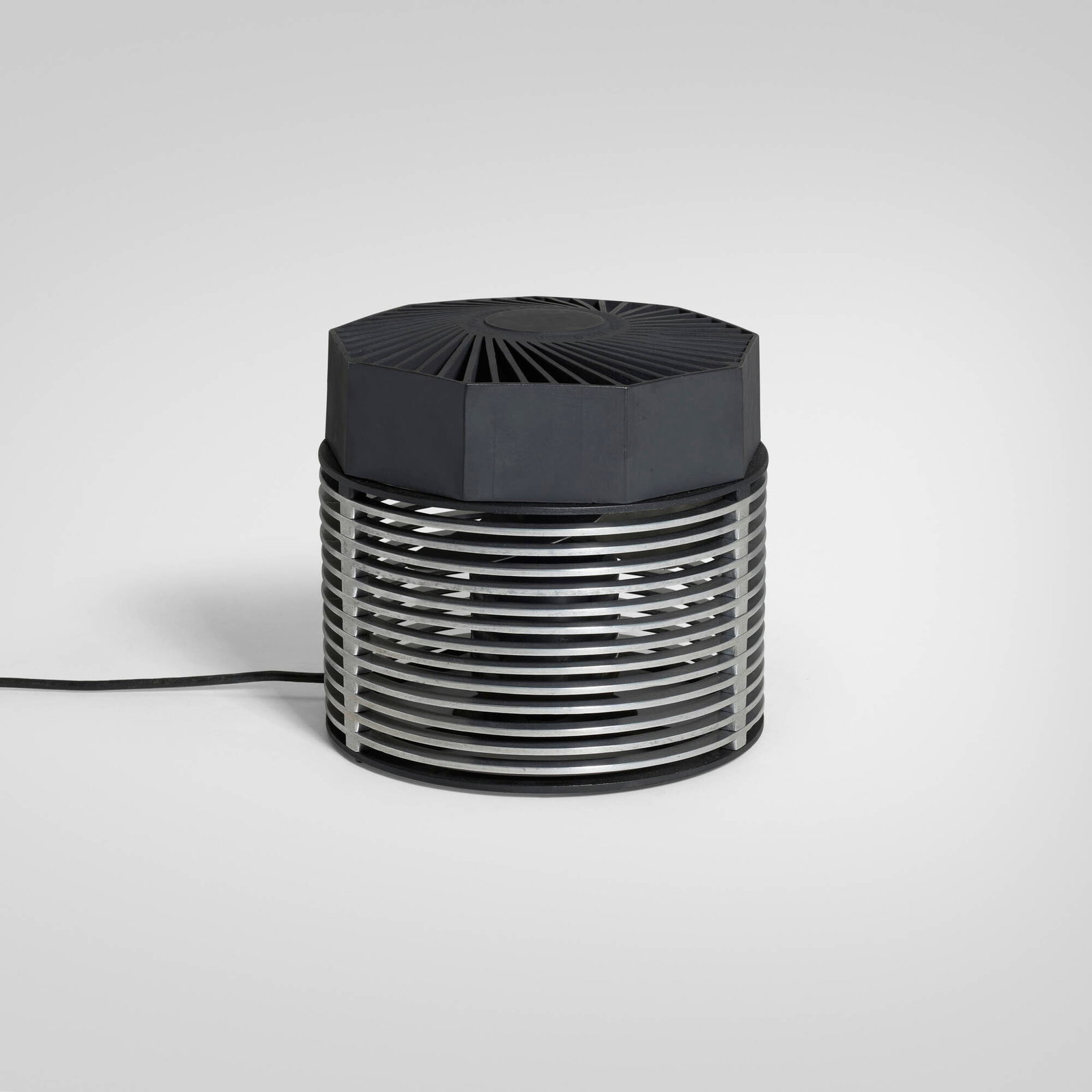 J. T. Roffy, Floor fan: J. T. Roffy Floor fan MotionAir Manufacturing Company USA, c. 1945 aluminum, crackle-lacquered aluminum 13.25 h x 14 dia in (34 x 36 cm) Cast manufacturer's mark to top 'MotionAir Mfg. Co. Los