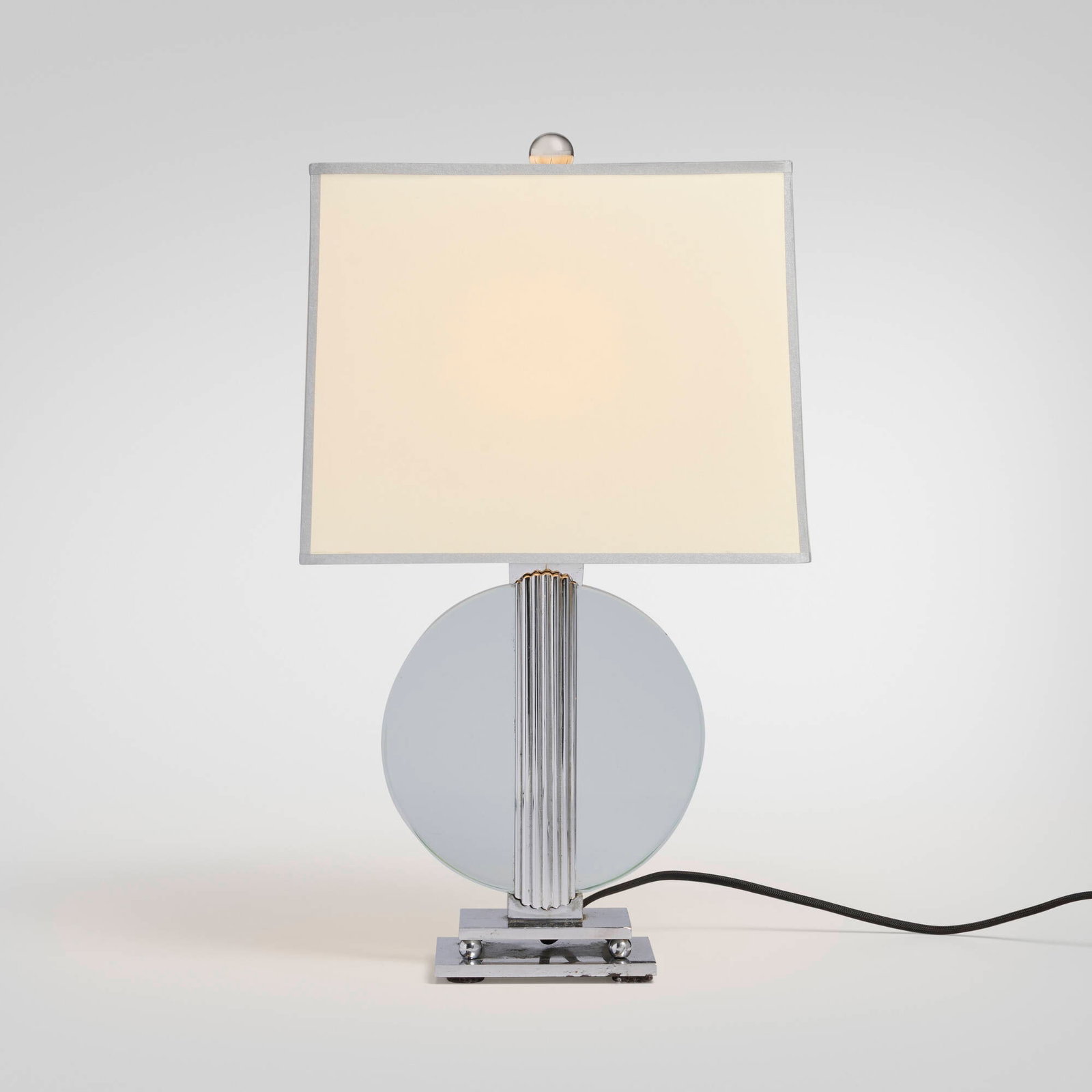 Walter von Nessen, Rare table lamp: Walter von Nessen Rare table lamp Nessen Studio, Inc. USA, c. 1930 chrome-plated brass, glass, paper shade 17.5 h x 10 w x 7.25 d in (44 x 25 x 18 cm) Provenance: Private Collection Literature: