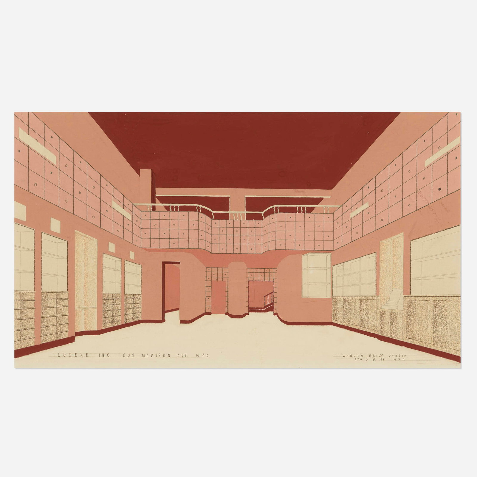 Winold Reiss, Lugene Inc. 604 Madison Ave. NYC interior rendering: Winold Reiss Lugene Inc. 604 Madison Ave. NYC interior rendering c. 1945gouache, colored pencil and graphite on board 20.125 h x 30 w in (51 x 76 cm) Provenance: Bass Museum o