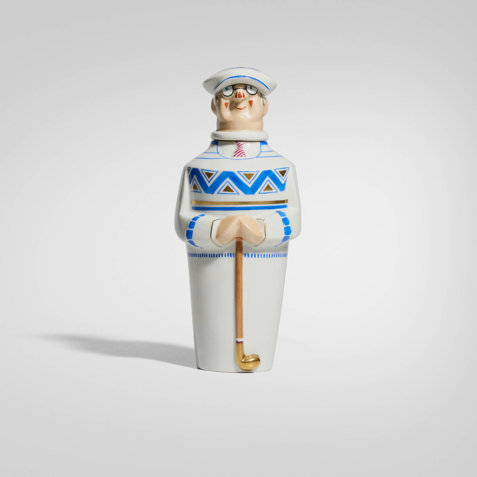 Robj, Rare golfer cocktail shaker: Robj Rare golfer cocktail shaker France, c. 1930 glazed porcelain 10.375 h x 4.375 w x 4.125 d in (26 x 11 x 10 cm) Stamped manufacturer's mark to underside 'Robj Paris Made in France'. This
