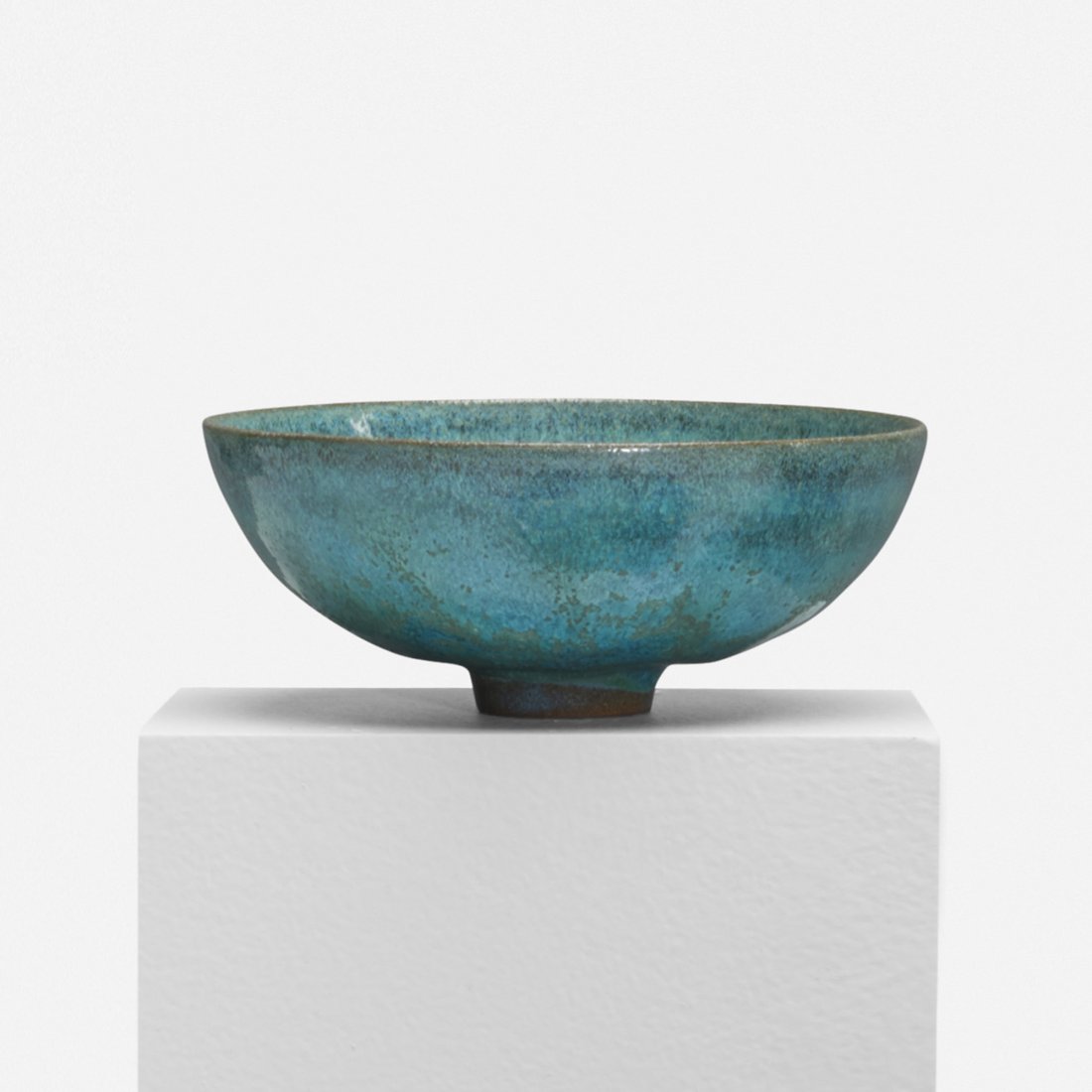 Gertrud and Otto Natzler bowl: Gertrud and Otto Natzler bowl USA, 1964 wheel-thrown earthenware with matte turquoise glaze 5.25 dia x 2.25 h inches Slip signature to underside: [Natzler] with studio label: [N124].