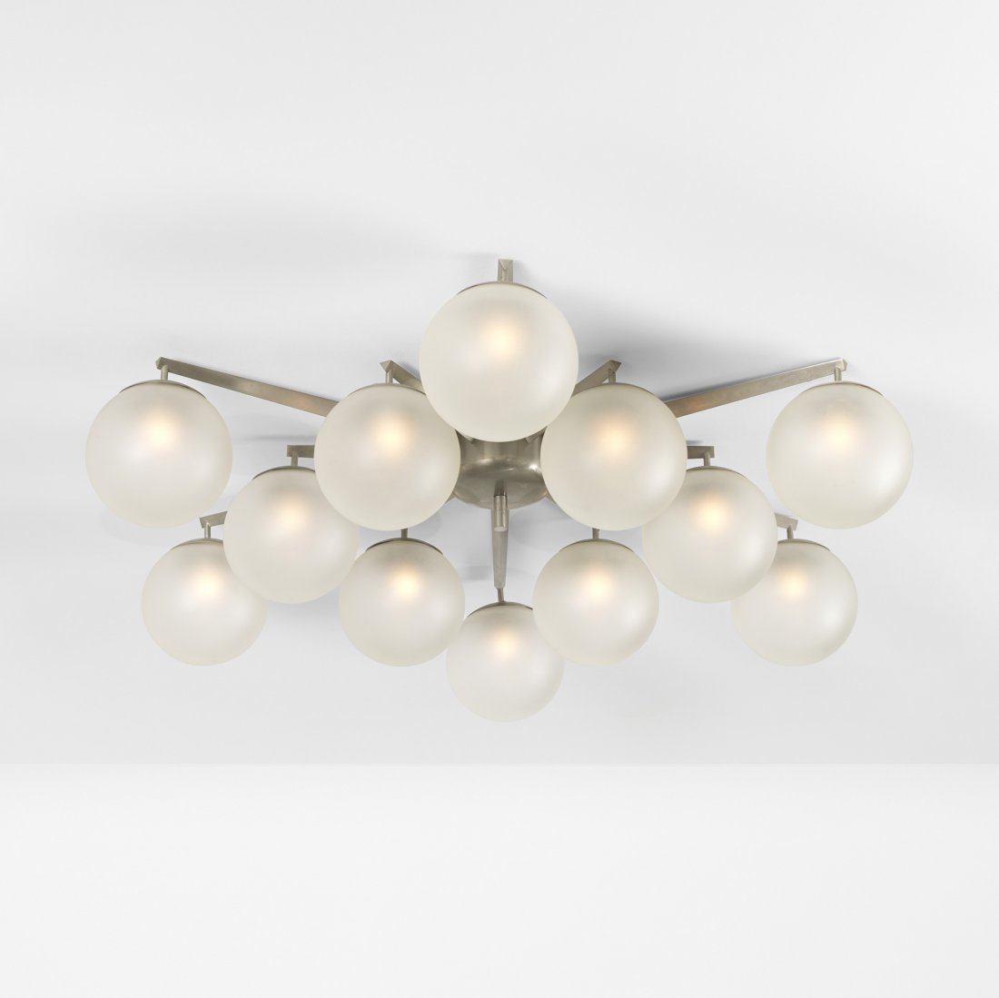 Angelo Lelli Stella chandelier: Angelo Lelli Stella chandelier Arredoluce Italy, c. 1950 nickel-plated steel, nickel-plated brass, frosted glass 50 dia x 9 h inches Literature: Arredoluce, manufacturer's catalog, unpaginated