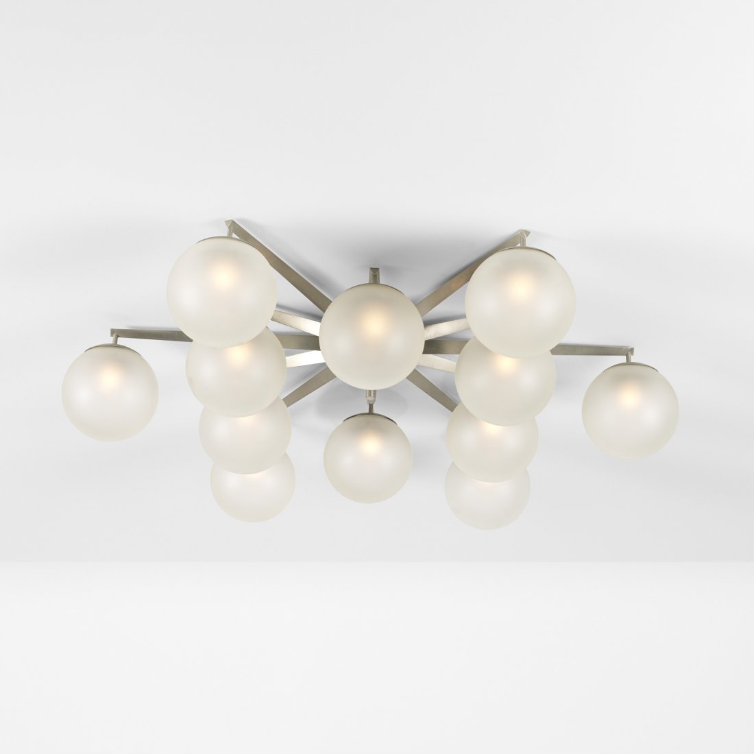 Angelo Lelli Stella chandelier: Angelo Lelli Stella chandelier Arredoluce Italy, c. 1950 nickel-plated steel, nickel-plated brass, frosted glass 50 dia x 9 h inches Literature: Arredoluce, manufacturer's catalog, unpaginated