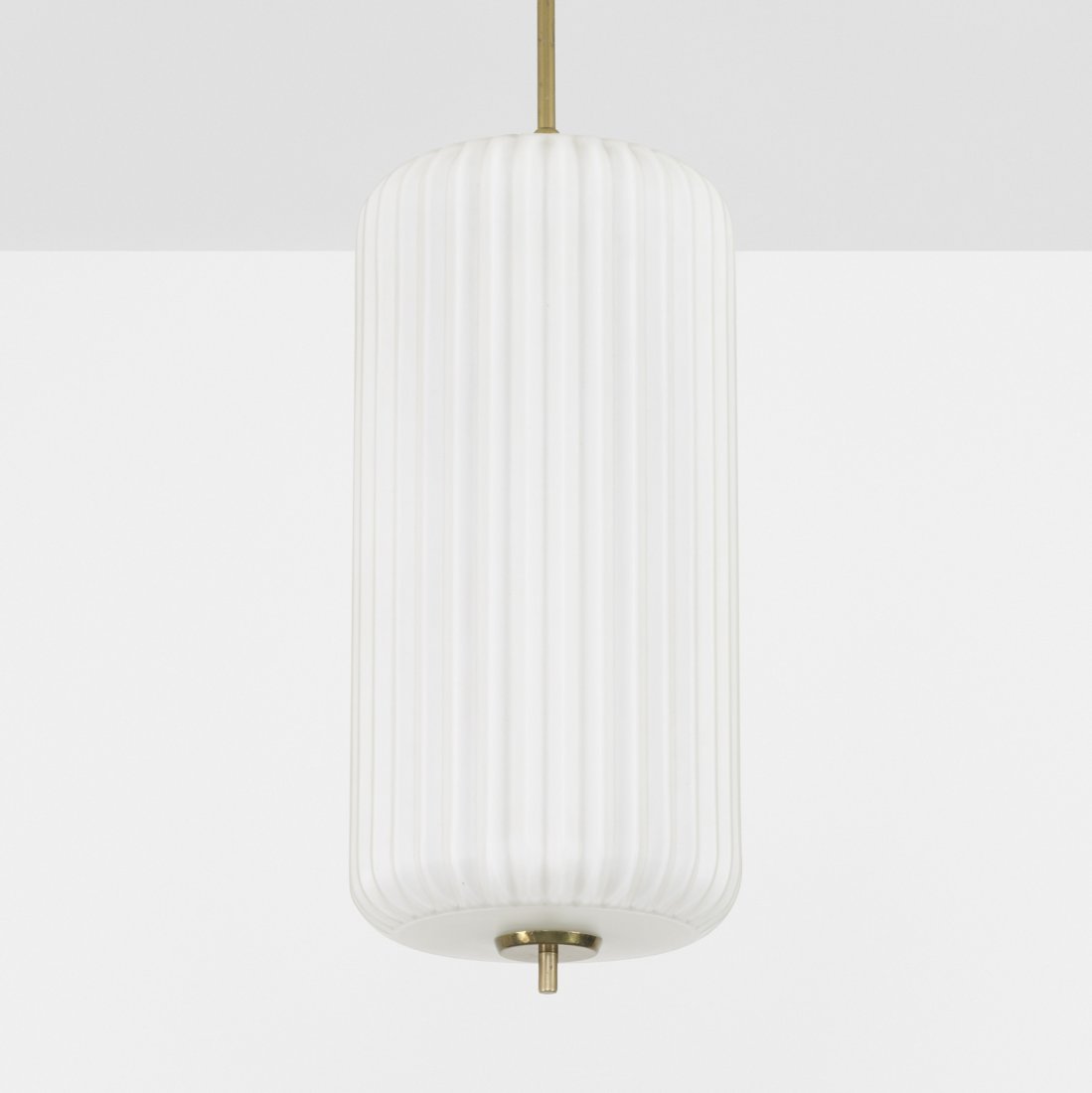 Angelo Lelli ceiling lamp: Angelo Lelli ceiling lamp Arredoluce Italy, c. 1950 white glass, brass 7.75 dia x 38.5 h inches