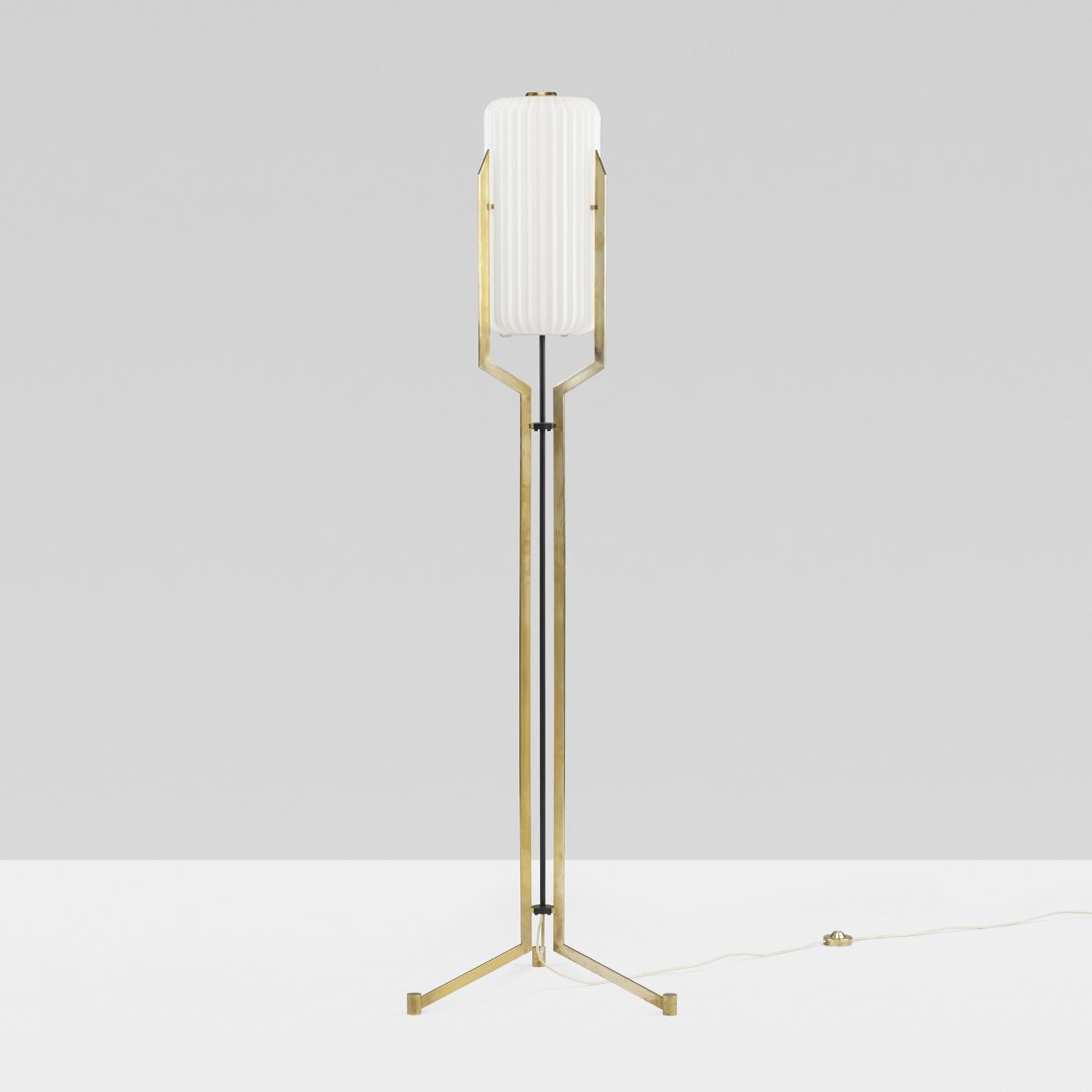 Angelo Lelli floor lamp: Angelo Lelli floor lamp Arredoluce Italy, c. 1950 brass, white glass, enameled brass 18.25 w x 17.5 d x 61.75 h inches