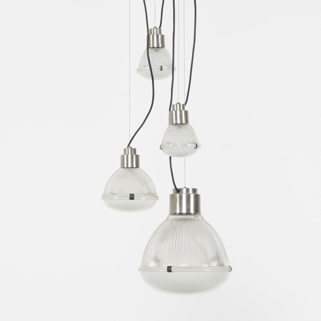 Luigi Caccia Dominioni chandelier: Luigi Caccia Dominioni chandelier Azucena Italy, c. 1970 glass, chrome-plated steel, stainless steel, steel wire, cord 16 w x 19 d x 61.5 h inches