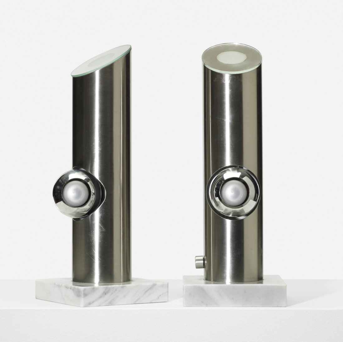 Angelo Lelli table lamps, pair: Angelo Lelli table lamps, pair Arredoluce Italy, c. 1950 stainless steel, chrome-plated steel, marble, mirrored and frosted glass 5.75 w x 6.25 d x 15 h inches