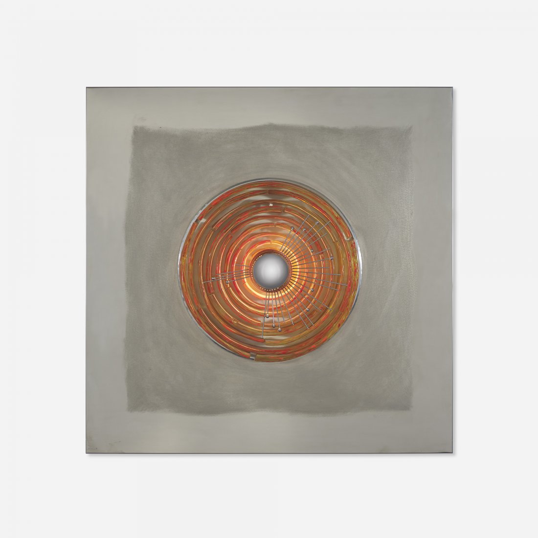 Angelo Brotto Quasar wall light: Angelo Brotto Quasar wall light Esperia Italy, 1973 stainless steel, glass, chrome-plated steel 31.5 w x 7 d x 31.5 h inches Signed with decal manufacturer's label to edge: [Esperia]. Incised signatur