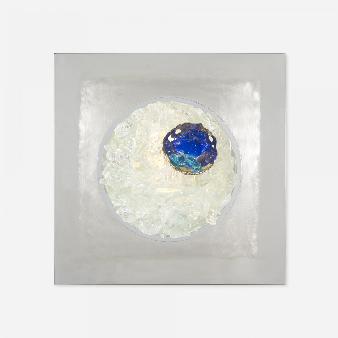 Angelo Brotto Quasar wall light: Angelo Brotto Quasar wall light Esperia Italy, c. 1970 stainless steel, glass, brass, chrome-plated steel 31.5 w x 7.5 d x 31.5 h inches