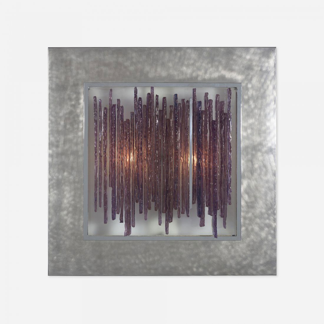 Angelo Brotto Quasar wall light: Angelo Brotto Quasar wall light Esperia Italy, c. 1970 stainless steel, glass, chrome-plated steel 29.5 w x 4.5 d x 29.5 h inches