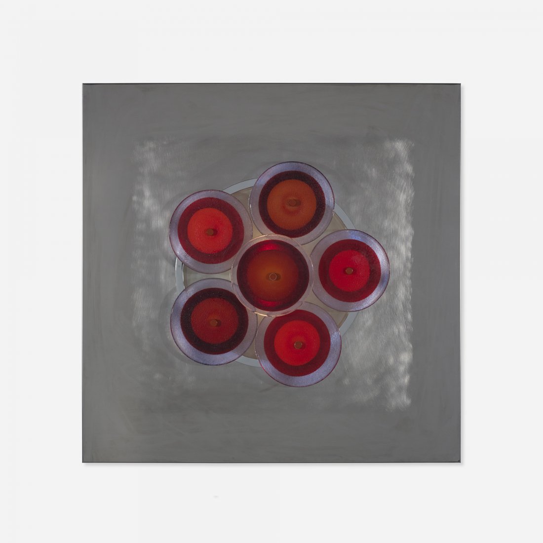 Angelo Brotto Quasar wall light: Angelo Brotto Quasar wall light Esperia Italy, c. 1970 stainless steel, glass, chrome-plated steel, enameled steel 31.5 w x 4.5 d x 31.5 h inches Signed with decal manufacturer's label to reverse: [Es