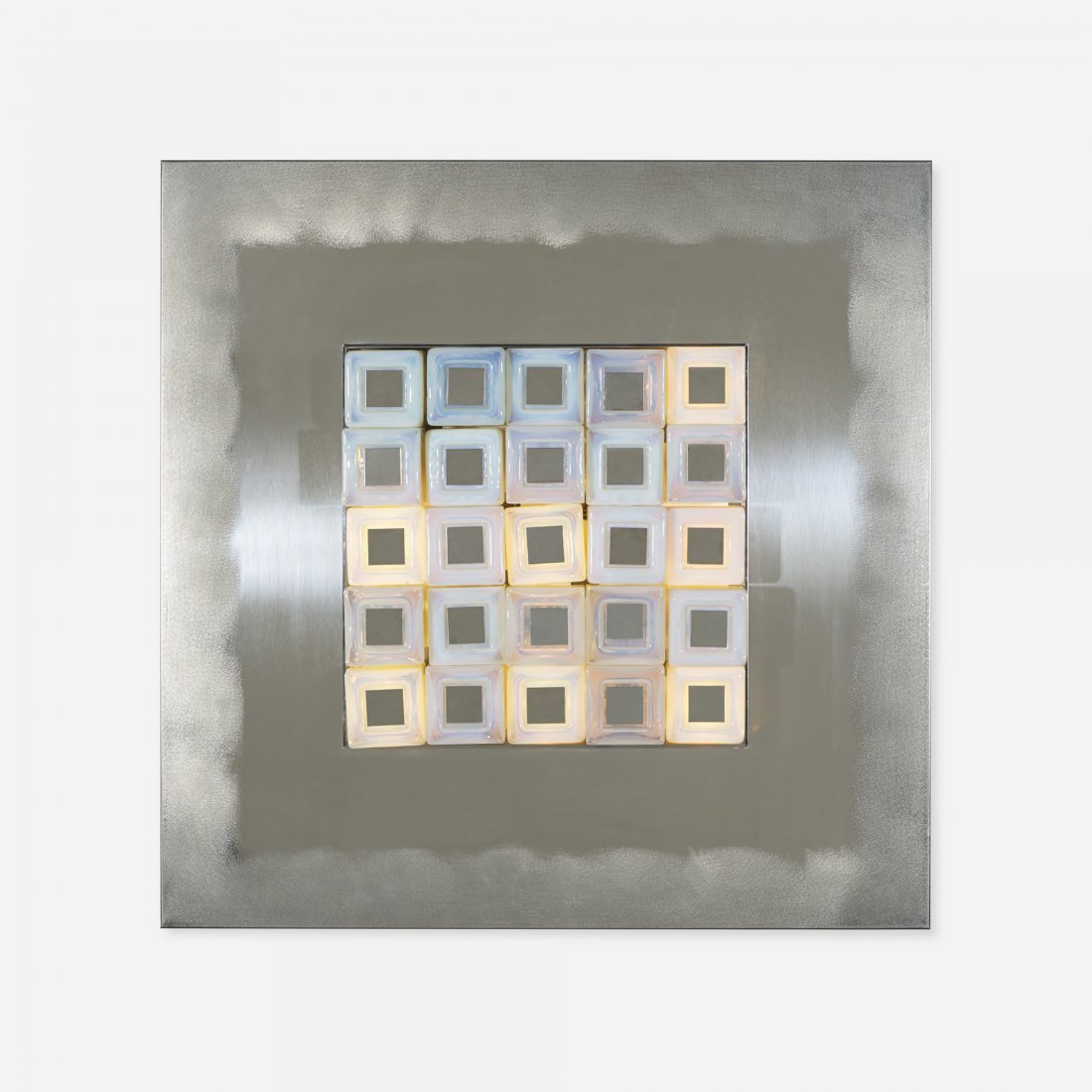 Angelo Brotto Quasar wall light: Angelo Brotto Quasar wall light Esperia Italy, c. 1970 stainless steel, glass, chrome-plated steel 31.5 w x 5.25 d x 31.5 h inches