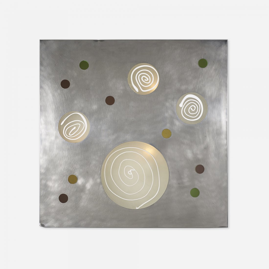 Angelo Brotto Quasar wall light: Angelo Brotto Quasar wall light Esperia Italy, c. 1970 stainless steel, glass 31.5 w x 2 d x 31.5 h inches Signed with decal manufacturer's label to edge: [Esperia].