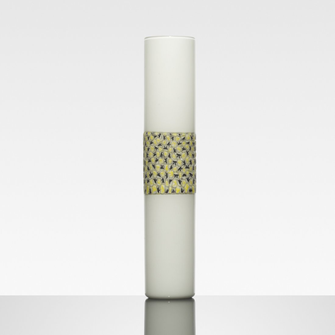 Riccardo Licata Doppio Incalmo vase: Riccardo Licata Doppio Incalmo vase Venini Italy, c. 1956 opaque glass with murrine band 3.25 dia x 16 h inches Signed with three-line acid stamp to underside: [Venini Murano Italia]. Literature: Veni