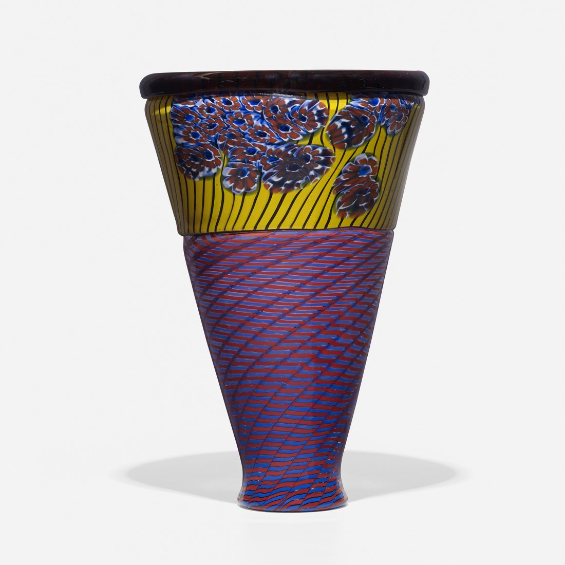 Tagliapietra and Navarra V-Shaped vase: Lino Tagliapietra and Douglas Navarra V-Shaped vase Italy, 1980 8.25 dia x 12.5 h inches Incised signature to underside: [Maestro - Lino Tagliapietra 1980 Designer - Doug Navarra D. Navarra].