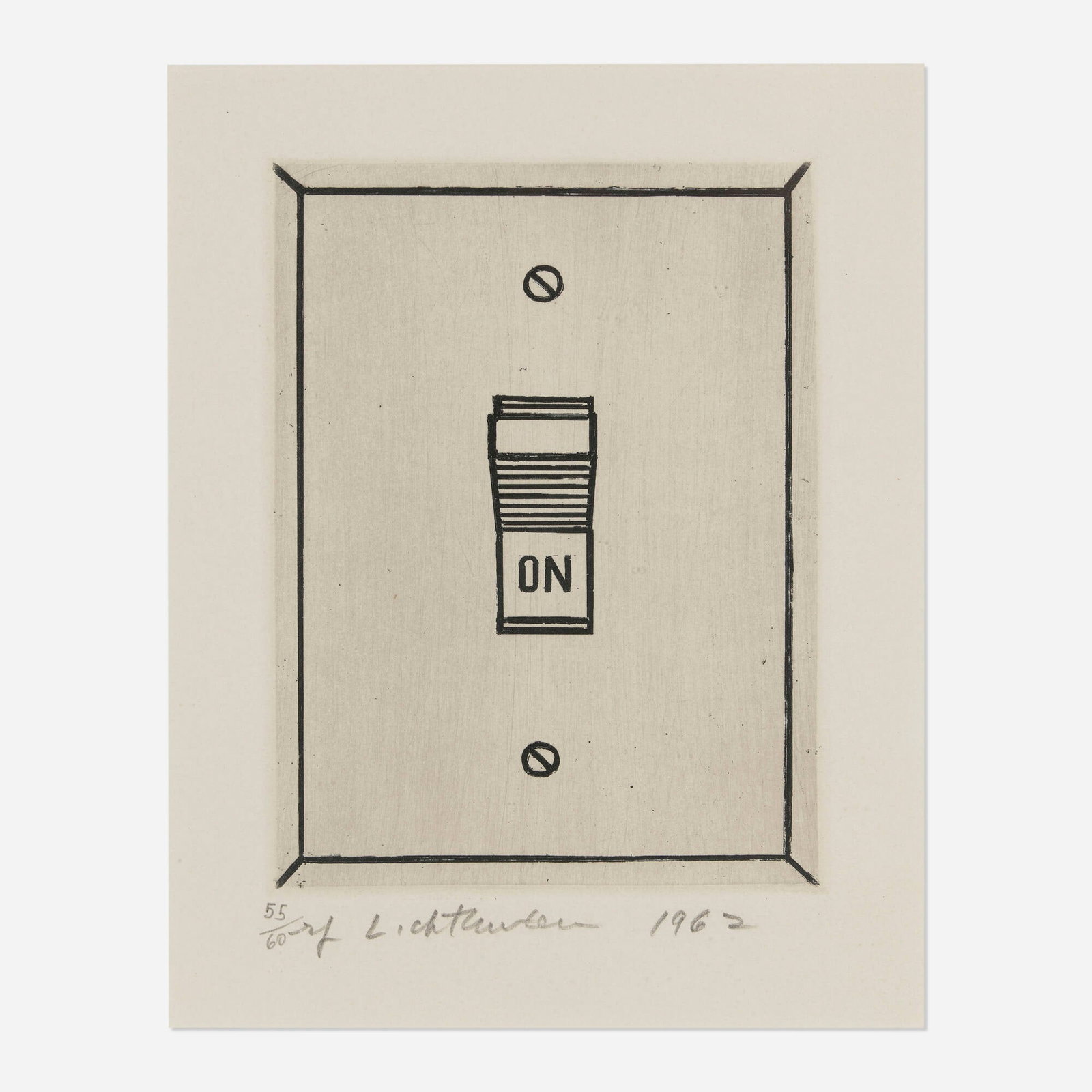 Roy Lichtenstein, On (from the International Anthology of Contemporary Engraving): Roy Lichtenstein On (from the International Anthology of Contemporary Engraving) 1962 / 1964etching on BFK Rives image: 5.75 h x 4.25 w in (15 x 11 cm) sheet: 10 h x 7.5 w in (25 x 19 cm) S