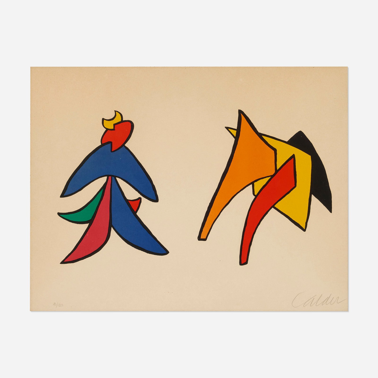 Alexander Calder, Lune jaune et porc qui pique (from the Stabiles series): Alexander Calder Lune jaune et porc qui pique (from the Stabiles series) c. 1965lithograph in colors image: 11.25 h x 20 w in (29 x 51 cm) sheet: 18.5 h x 23.75 w in (47 x 60 cm) Signed and