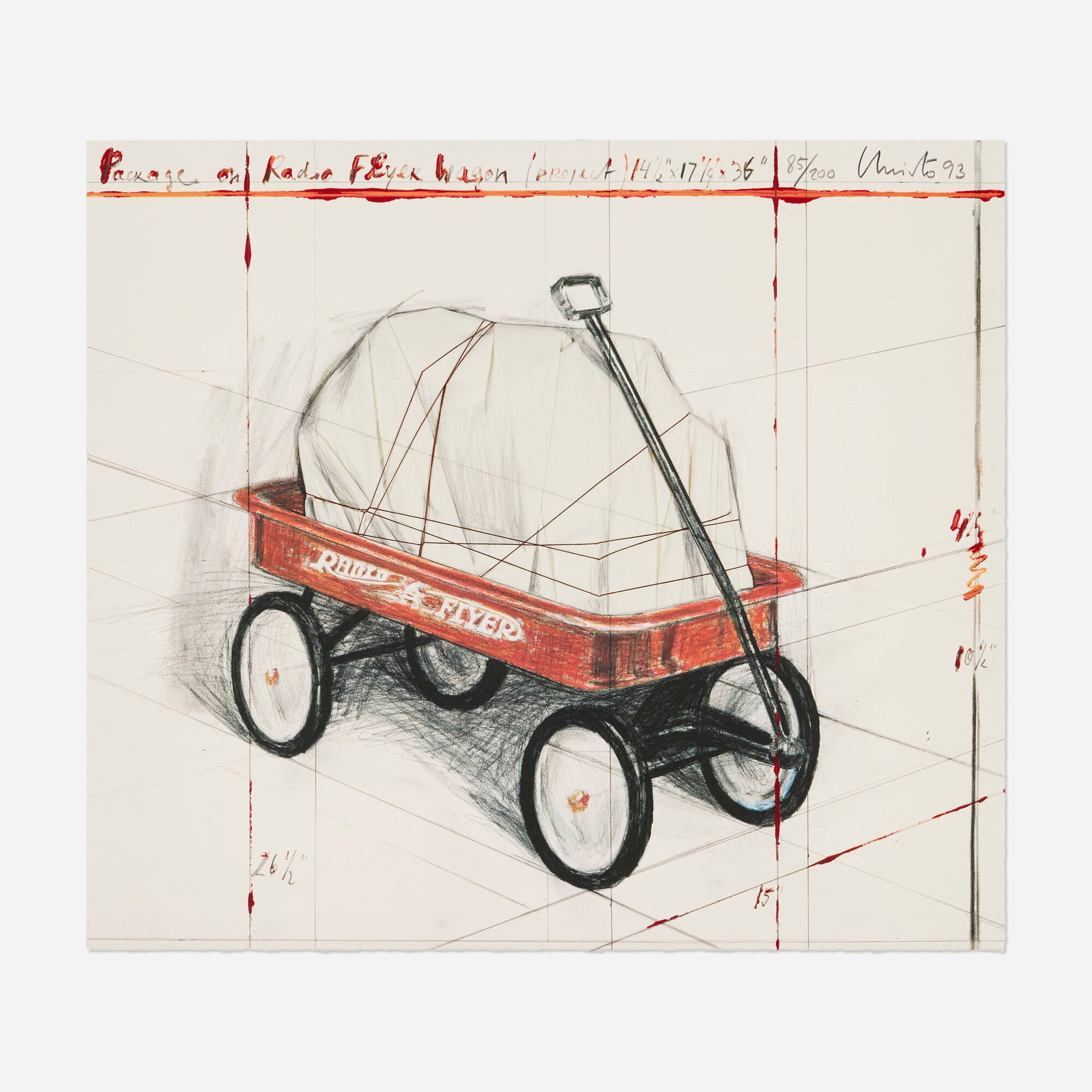 Christo, Package on Radio Flyer, Project: Christo Package on Radio Flyer, Project 1993lithograph and silkscreen in colors with collage of broadcloth, twine and tape, and pencil additions on BFK Rives, mounted to museum board 19.5 h x 22 w x
