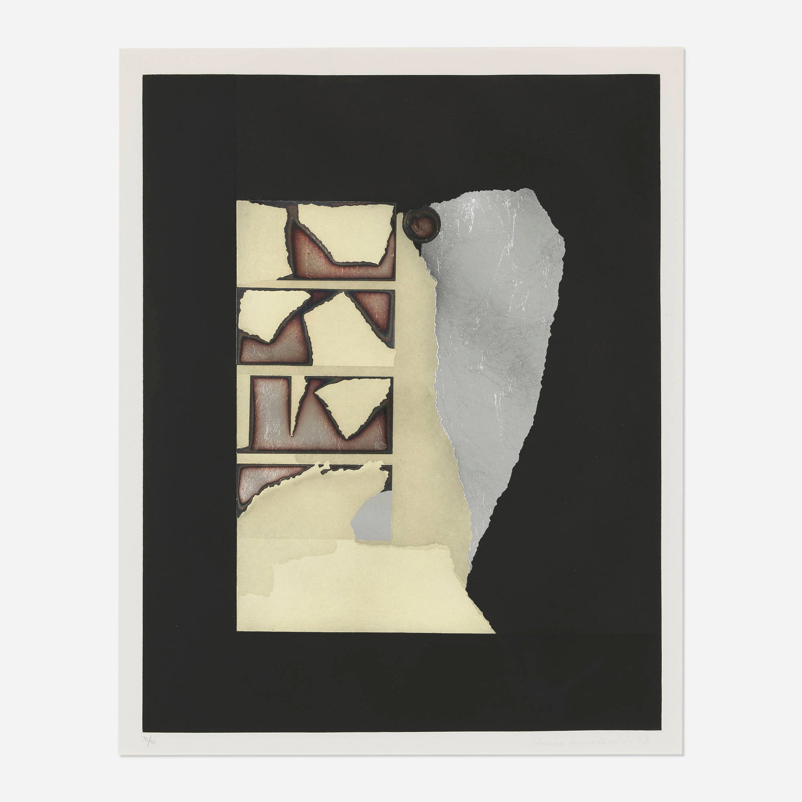 Louise Nevelson, Presenza grafica - Silver: Louise Nevelson Presenza grafica - Silver 1975etching and aquatint in colors with metallic foil on Fabriano Rosaspina image: 27.5 h x 21.75 w in (70 x 55 cm) sight: 29.5 h x 23.75 w in (75 x 60 cm