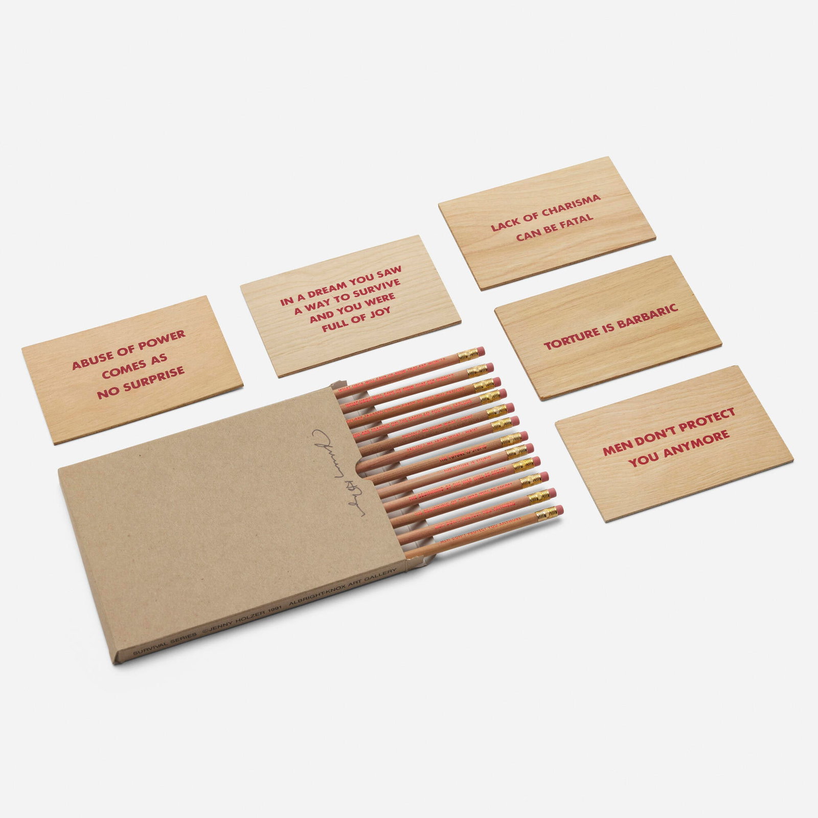 Jenny Holzer, Truisms postcards; Survival Series pencils (1 of 5)