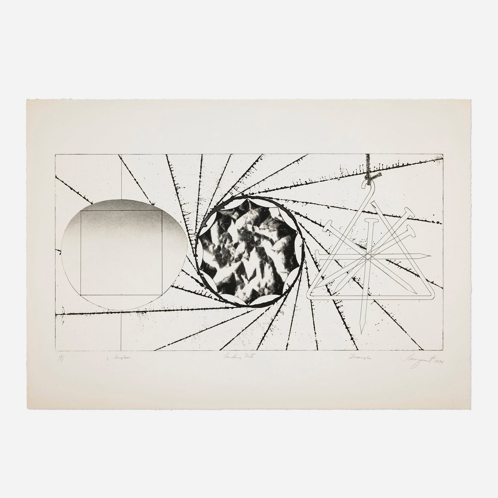 James Rosenquist, 1/2 Sunglass, Landing Net, Triangle: James Rosenquist 1/2 Sunglass, Landing Net, Triangle 1974liftground etching, drypoint, sandblasted mezzotint and phototransfer on BFK Rives roll stock image: 17.75 h x 35.125 w in (45 x 89 cm) she