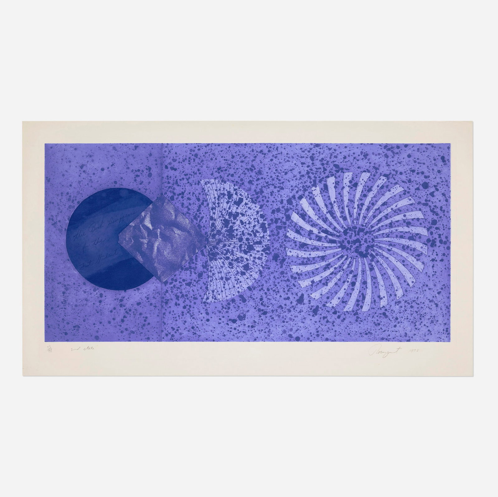 James Rosenquist, The Book Disappears for the Fast Student (2nd State): James Rosenquist The Book Disappears for the Fast Student (2nd State) 1978etching and aquatint in colors image: 17.625 h x 35.625 w in (45 x 90 cm) sheet: 22.75 h x 39.625 w in (58 x 101 cm)