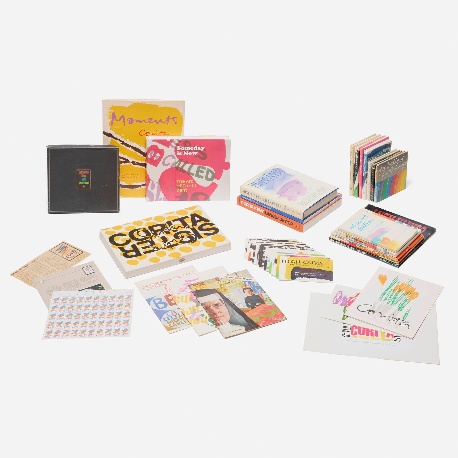 Corita Kent (Sister Mary Corita), Collection of Corita Kent ephemera: Corita Kent (Sister Mary Corita) Collection of Corita Kent ephemera 1968-2013bound printed paper; postage stamps; offset lithograph in colors; printed paper largest: 24 h x 30 w in (61 x 76 cm) sm