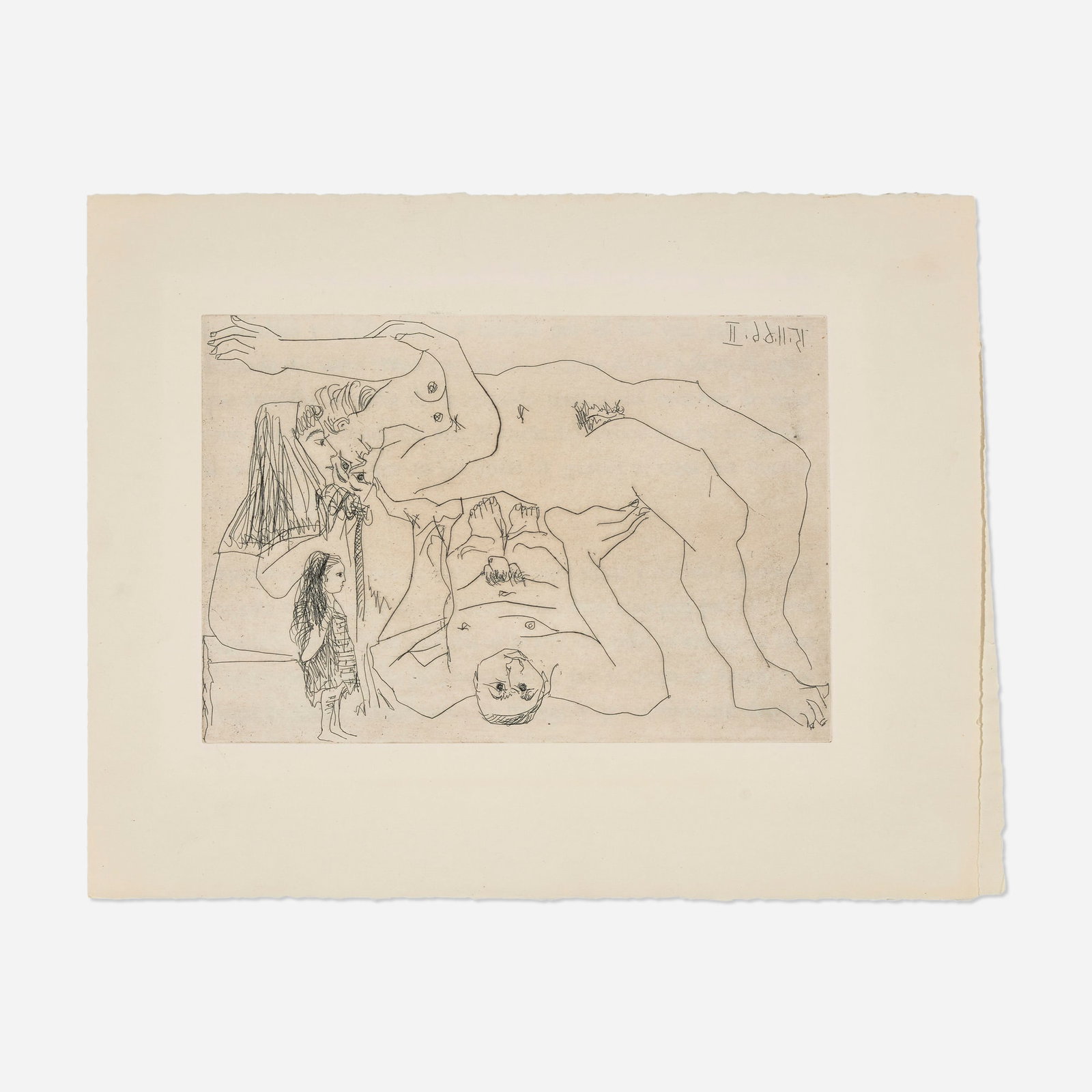Pablo Picasso, Untitled (from El Entierro del Conde de Orgaz portfolio): Pablo Picasso Untitled (from El Entierro del Conde de Orgaz portfolio) 1969 etching with drypoint on folded Romani wove with a watermark after a drawing by Picasso image: 8.625 h x 12.5 w in (22 x