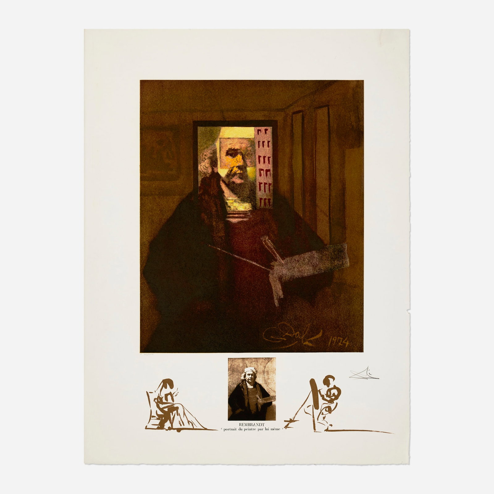 Salvador Dali, Rembrandt: Portrait du peintre par lui-meme: Salvador Dali Rembrandt: Portrait du peintre par lui-meme (from the Changes in Great Masterpieces series) 1974 offset lithograph in colors on Rives image: 20.5 h x 16.875 w in (52 x 43 cm) sheet: