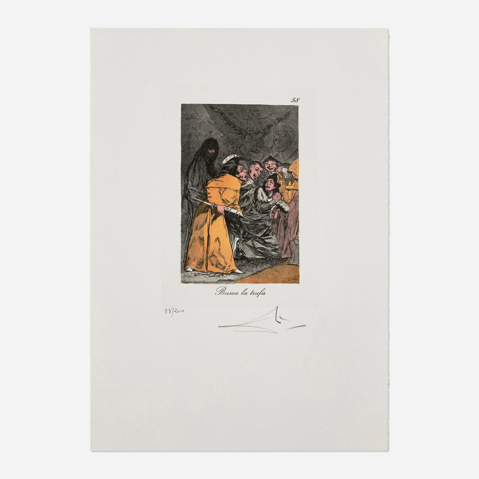 Salvador Dali, Busca la trufa (from the Les Caprices de Goya de Dali portfolio): Salvador Dali Busca la trufa (from the Les Caprices de Goya de Dali portfolio) 1977drypoint, etching and heliogravure in colors with stencil on BFK Rives image: 9 h x 6.375 w in (23 x 16 cm) sheet