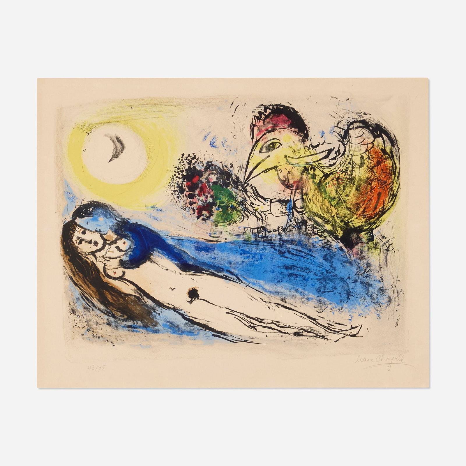 Marc Chagall, Bonjour sur Paris: Marc Chagall Bonjour sur Paris 1952 / 1955lithograph in colors on Arches image: 16 h x 21.5 w in (41 x 55 cm) sheet: 19.75 h x 26.25 w in (50 x 67 cm) Signed and numbered to lower edge '43/