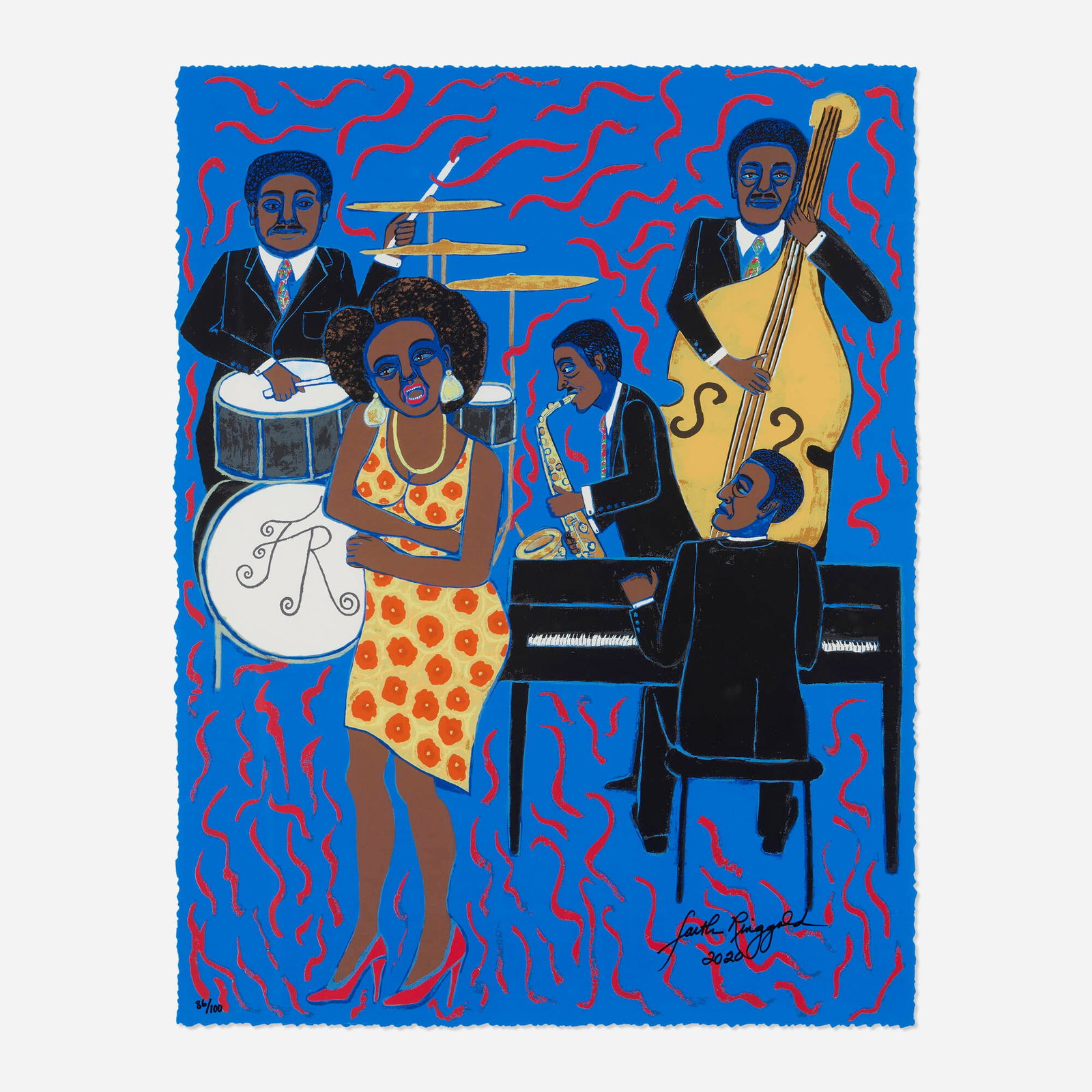 Faith Ringgold, Jazz Stories: Mama Can Sing Papa Can Blow #7: Love Me: Faith Ringgold Jazz Stories: Mama Can Sing Papa Can Blow #7: Love Me 2004 / 2020screenprint in colors on Coventry Rag 335gsm 29 h x 22.25 w in (74 x 57 cm) Signed, dated and numbered to lower