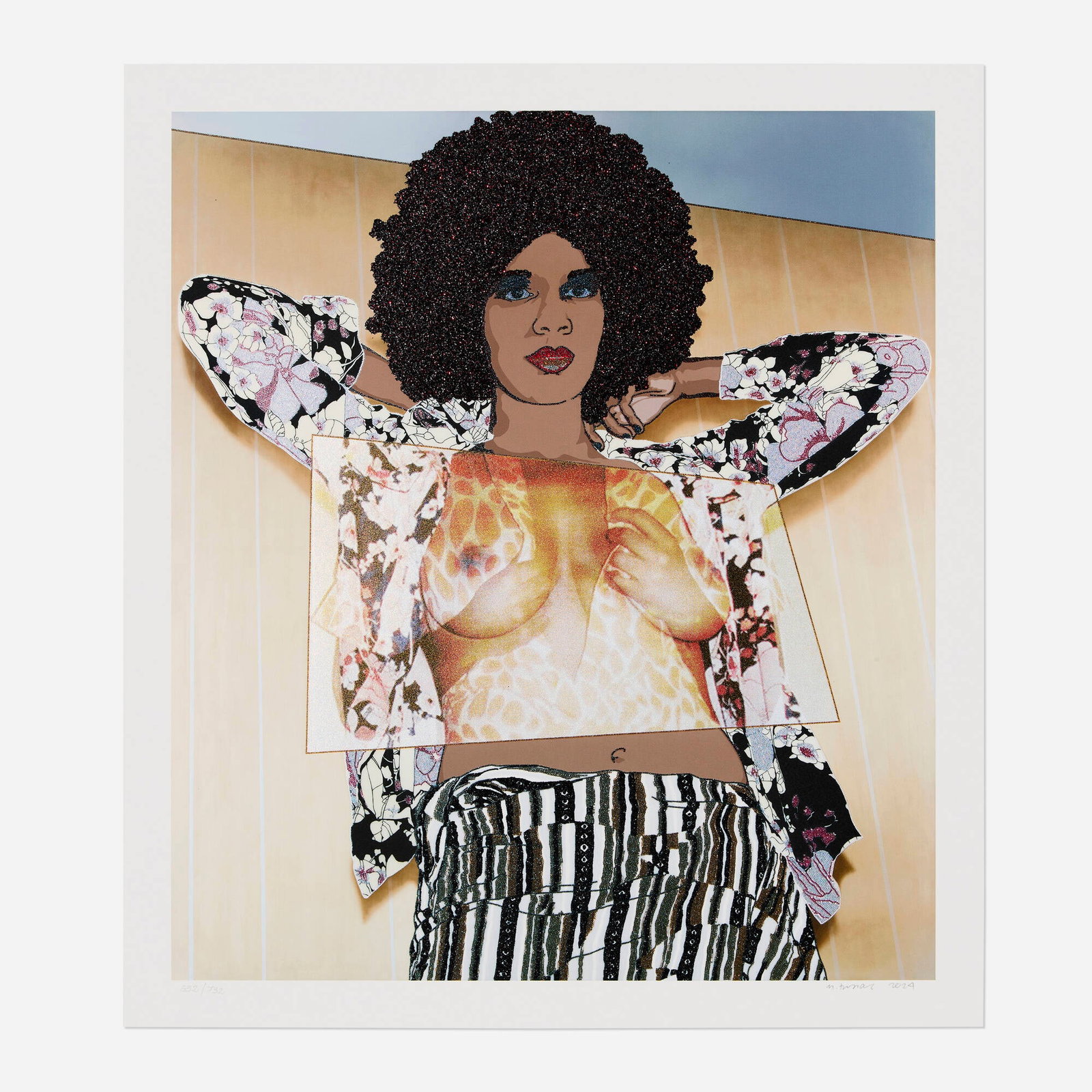Mickalene Thomas, Portrait of Maya #10: Mickalene Thomas Portrait of Maya #10 2024 UV pigment print with screenprint in colors, glitter, shimmer and matte varnish on 410gsm Somerset Tub Sized Radiant White image: 21 h x 18.375 w in (53 x