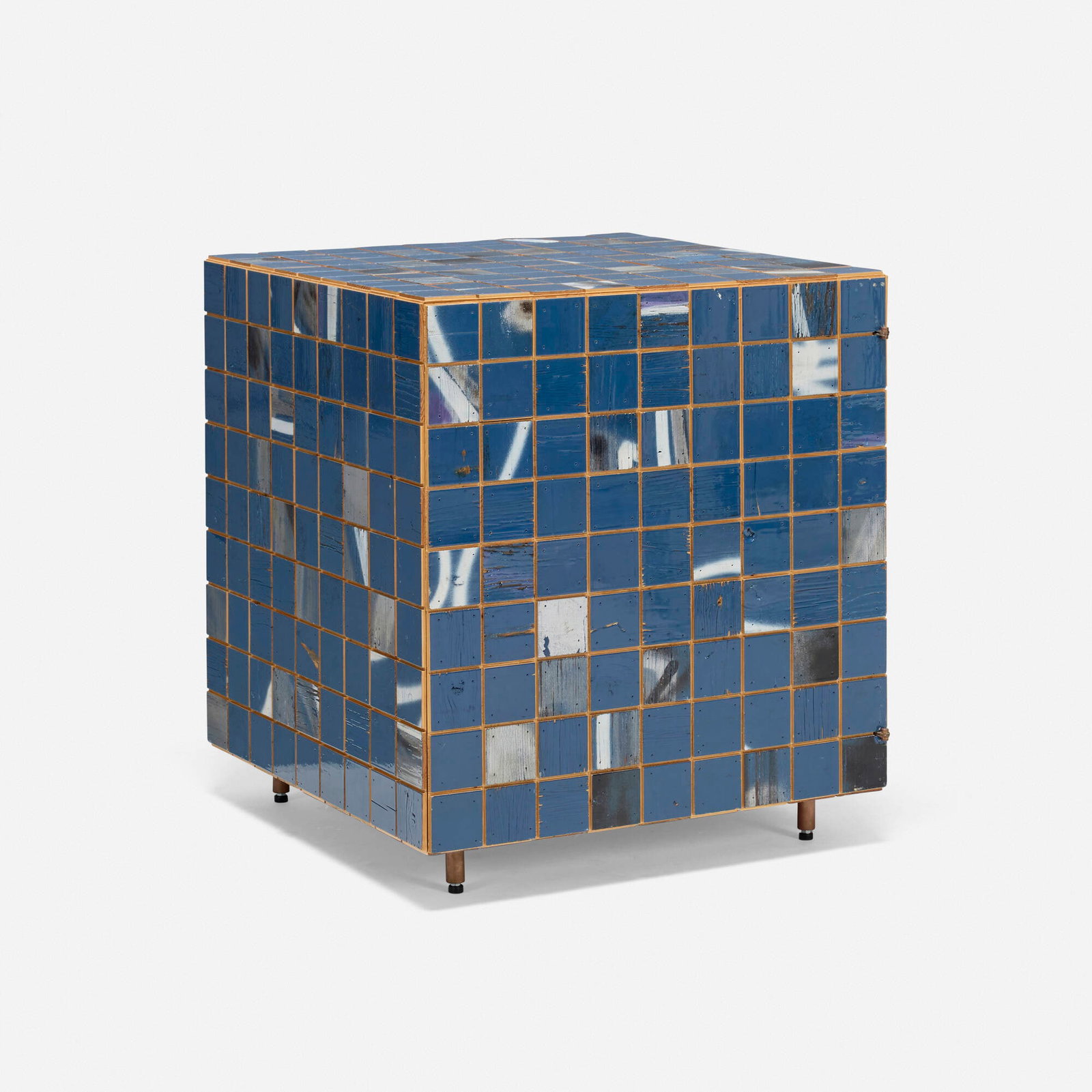 Piet Hein Eek, Waste Tile Cube cabinet, no. 5 (Blue): Piet Hein Eek Waste Tile Cube cabinet, no. 5 (Blue) The Netherlands, c. 2016 lacquered plywood and steel 32 h x 29 w x 29 d in (81 x 74 x 74 cm) Cabinet features one door concealing two shelves