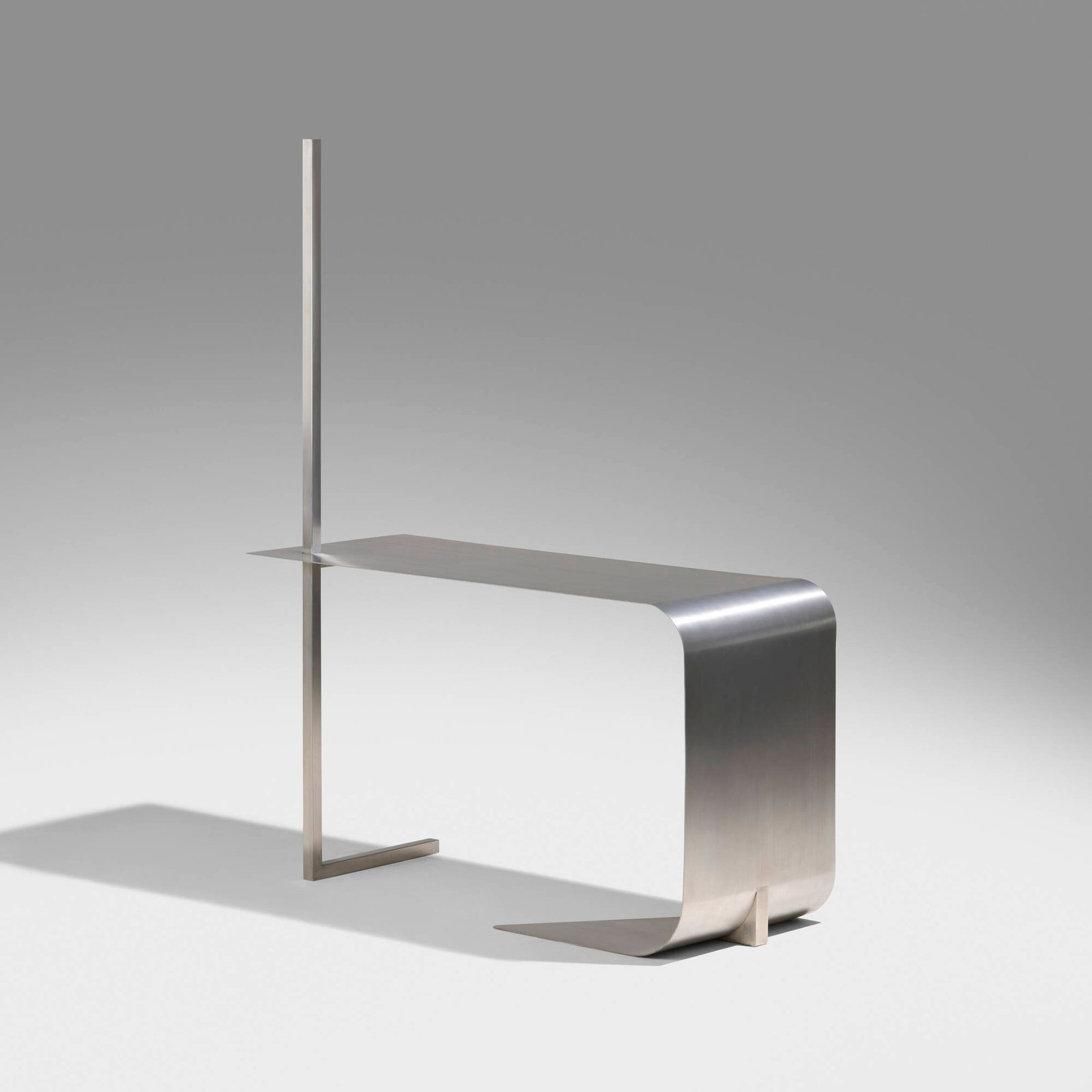 Maria Pergay, Student desk: Maria Pergay Student desk France, 1968 stainless steel 63.5 h x 47.5 w x 19.75 d in (161 x 121 x 50 cm) Sold with an Art Beat 1969 tag. Provenance: Acquired in 1969 at Art Beat, Private