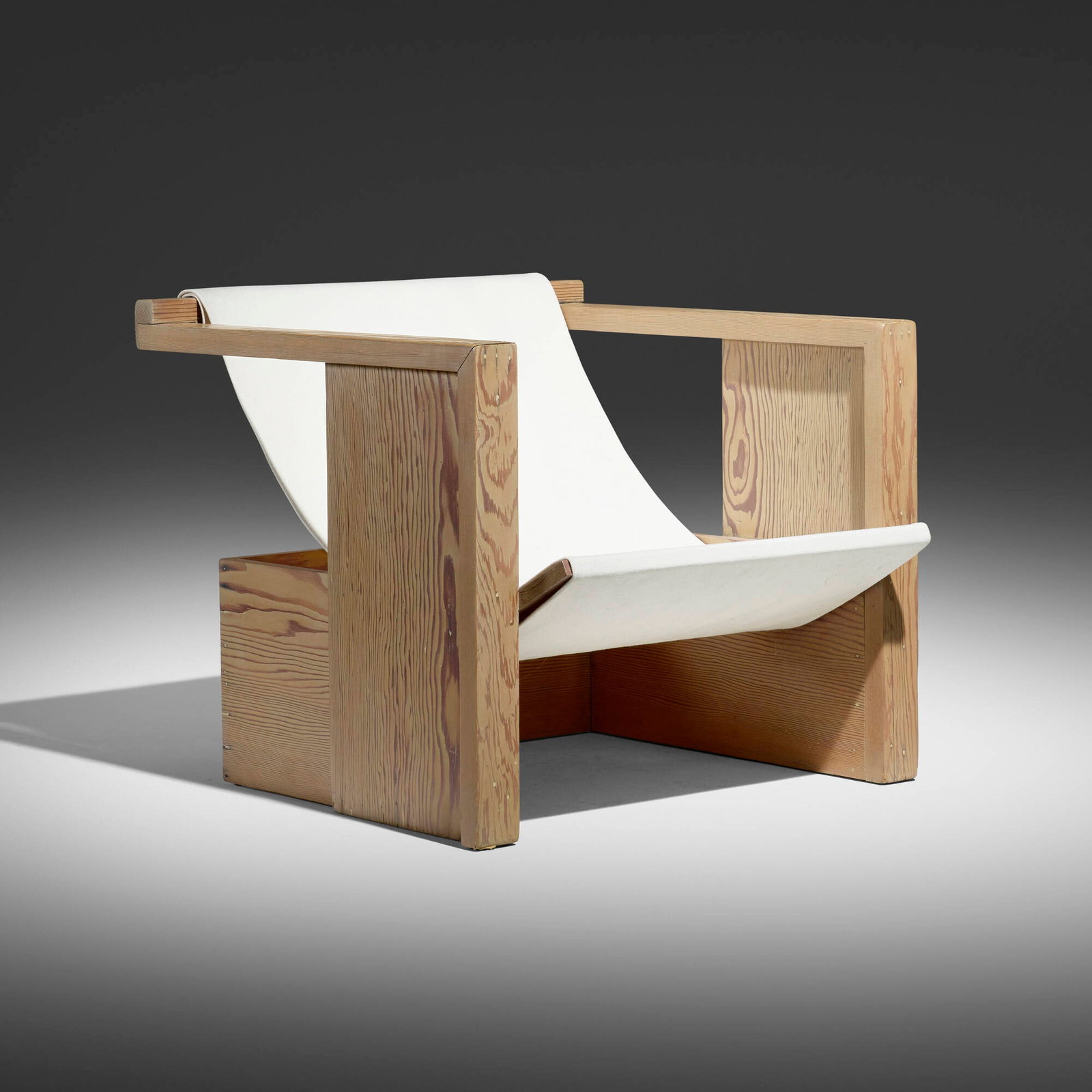 Rudolph M. Schindler, Lounge chair from the Ellen Jansen House, Los Angeles: Rudolph M. Schindler Lounge chair from the Ellen Jansen House, Los Angeles Austria/USA, c. 1948 pine, canvas 23.5 h x 27 w x 28 d in (60 x 69 x 71 cm) Provenance: Ellen Janson, Los Angeles |